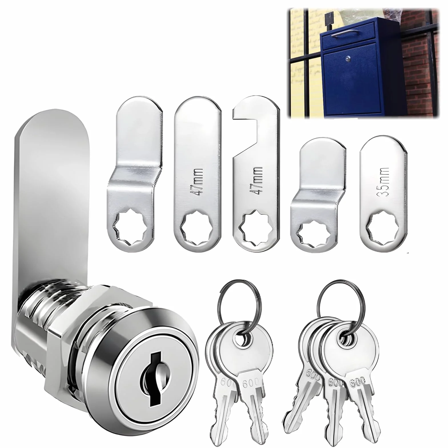 Cerradura de Buzón con 4 Llaves y 5 Placas, Levas 16mm, Diámetro 18mm, para Puertas de Armario