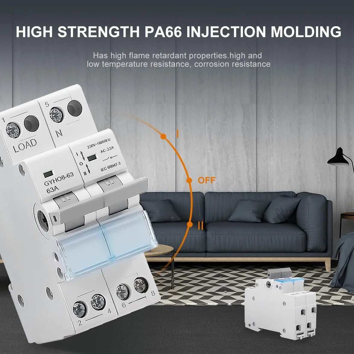 Interruptor de transferencia Manual 63A 2P + 2P MTS AC. Automático Disyuntor Magnetotérmico de Cambio Modular. Conmutador