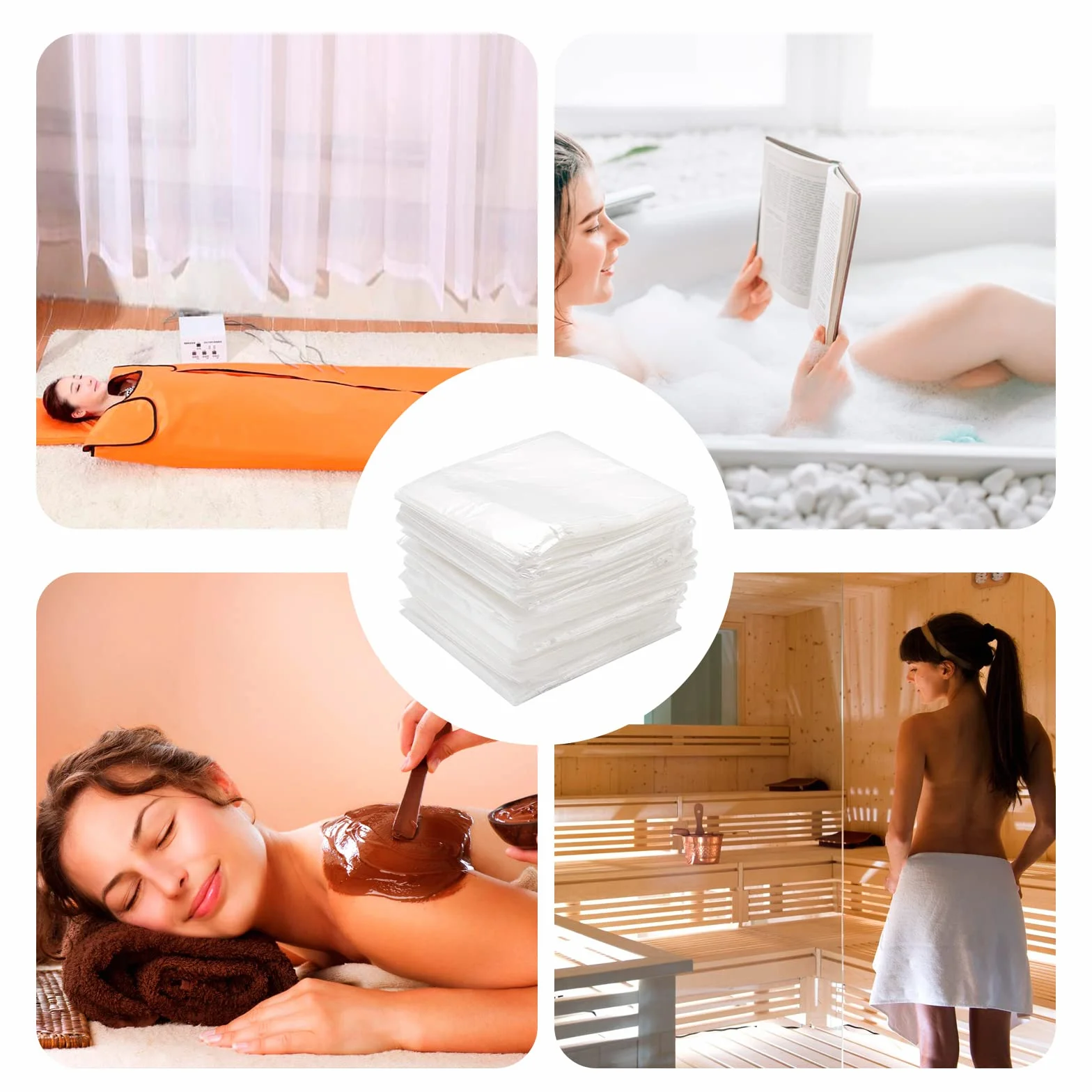 UOIENRT 50 láminas de plástico desechables para envoltura corporal, bolsa de bañera de película de plástico desechable, forro de manta de sauna