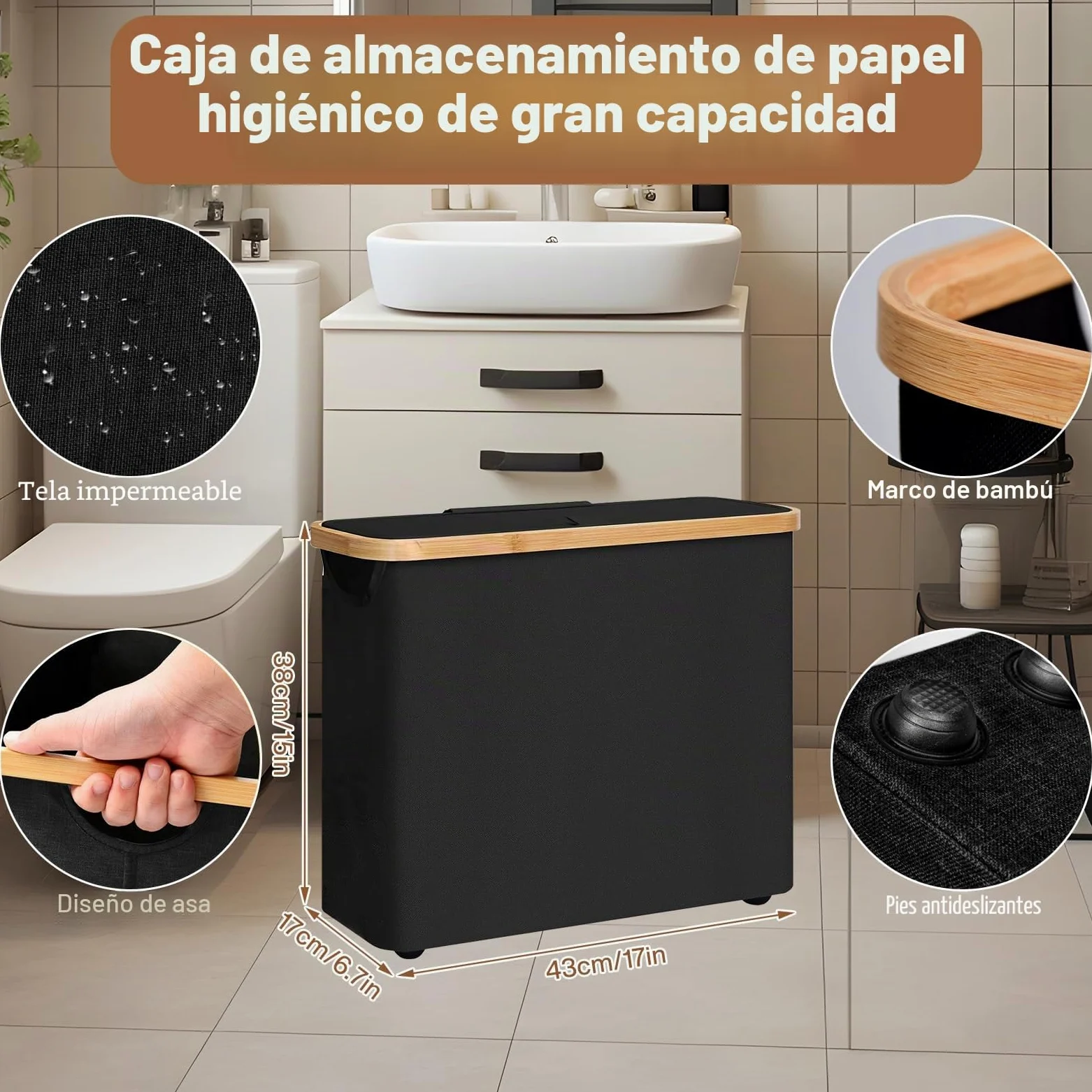 28L Cesta de Almacenamiento de Papel Higiénico de 9~12 Rollos, Organizador de Baño Plegable Impermeable, Almacenaje Papel Higienico para Baño con Tapa para Baño y Hogar (Negro)