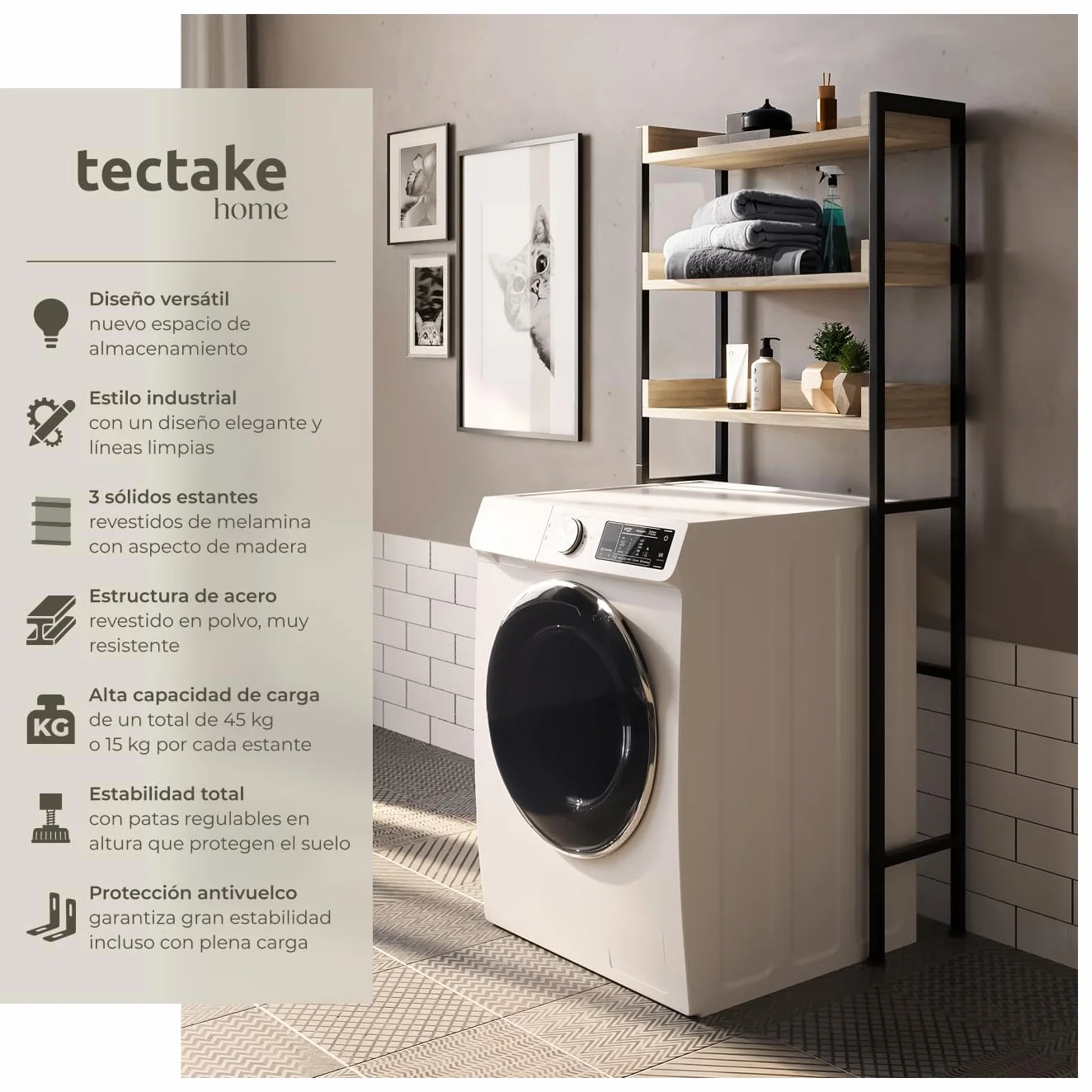 Estanteria baño Estilo Industrial Tres Estantes Compacto Ajustable Antivuelco Montaje Rápido 165,5x25x67cm Madera Roble Sonoma