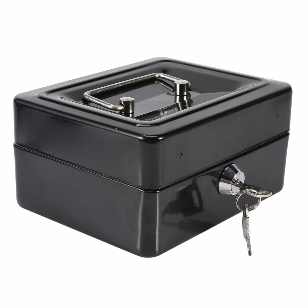 Caja impermeable ignífuga con cerradura de llave, mini caja fuerte portátil de acero Petty, negra