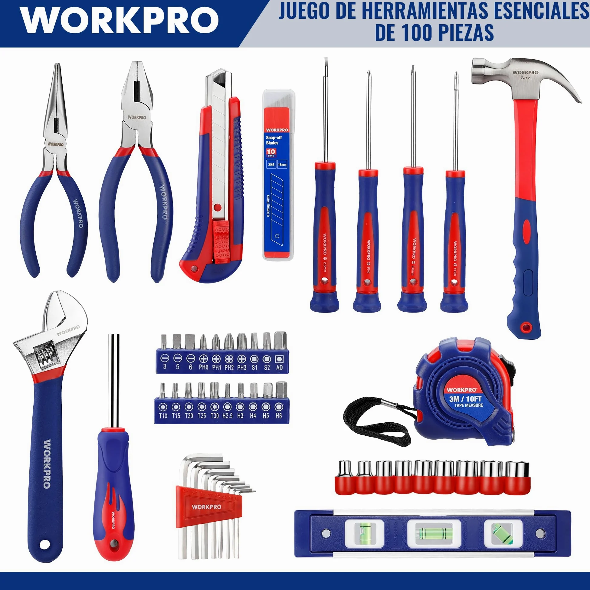 WORKPRO Juego de Herramientas Básicas 100-piezas, Herramientas manuales con Bolsa, Set de Herramientas Profesionales para Bricolaje y Arreglos Diarios