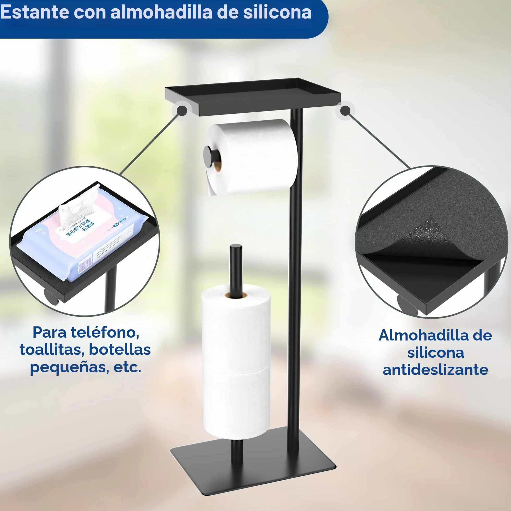 Susswiff Portarrollos de Papel higiénico Independiente con Estante de Almacenamiento Superior, Soporte de Papel higiénico Negro, Almacenamiento de 4 Rollos de Reserva