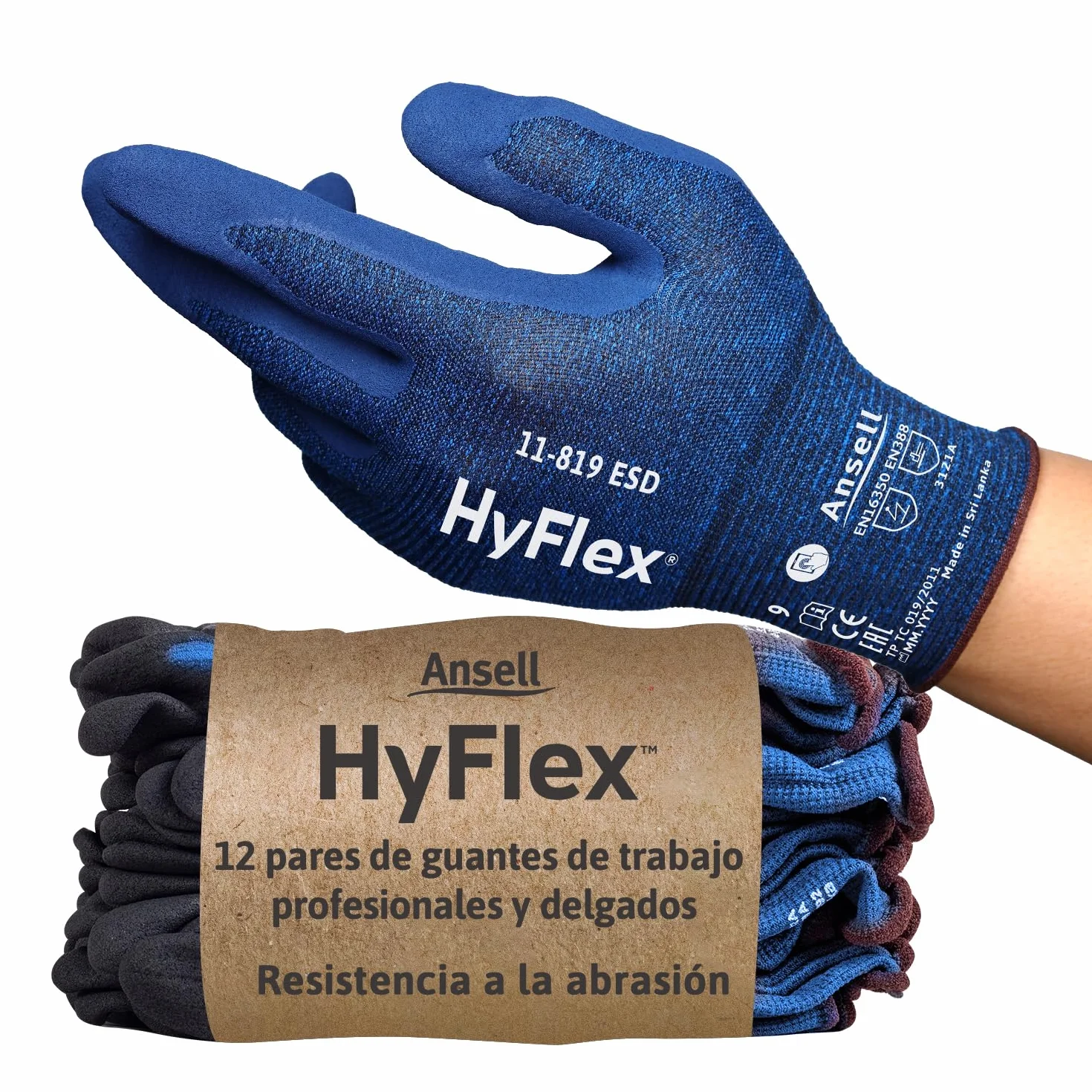 Ansell HyFlex 11-819 Guantes Trabajo Electricista Nitrilo ESD Antiestatico Touchscreen Azul Talla L 12 Pares