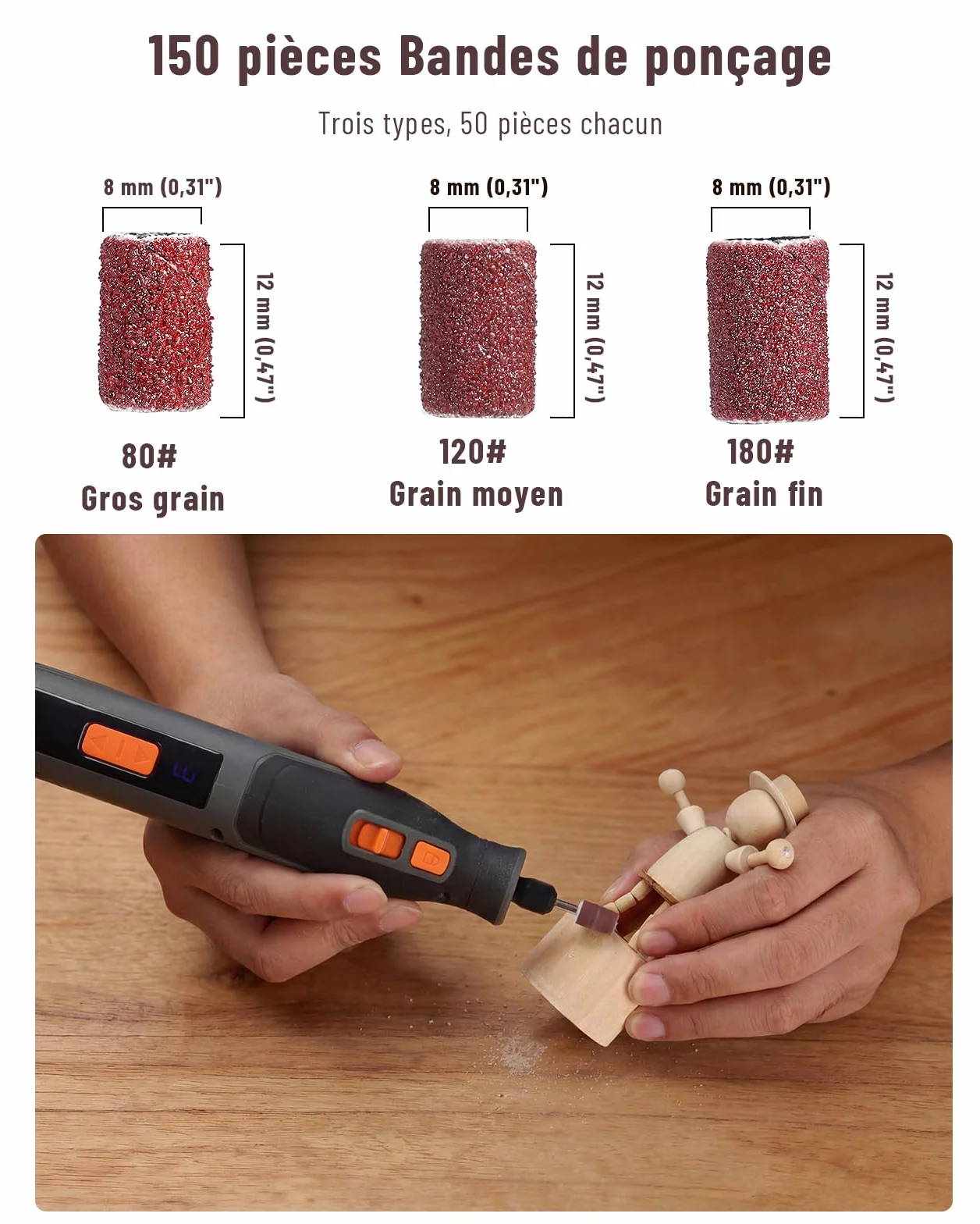 Katerk 150 Piezas Tambores de Lijado, Manguitos de Lijado Mini de 8 mm con Bandas de Lijado de Grano 80/120/180, Compatible con Limadoras de Uñas para Perros y Herramientas Rotativas