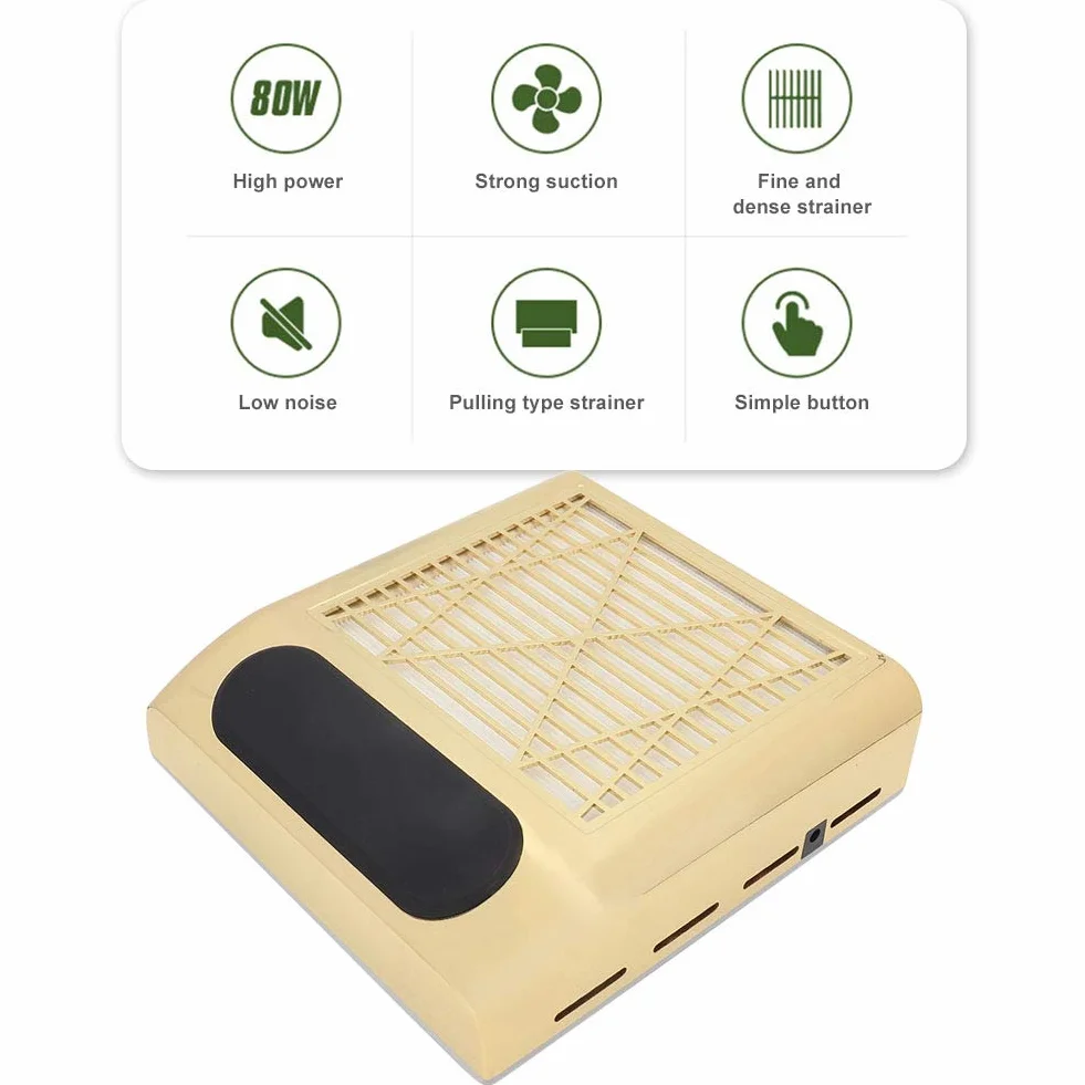 【𝐏𝐚𝐬𝐜𝐮𝐚】 Colector de Polvo de uñas, Herramienta de manicura de aspiradora de Arte de uñas de succión Fuerte de 80W 100-240V(EU Plug-Oro)