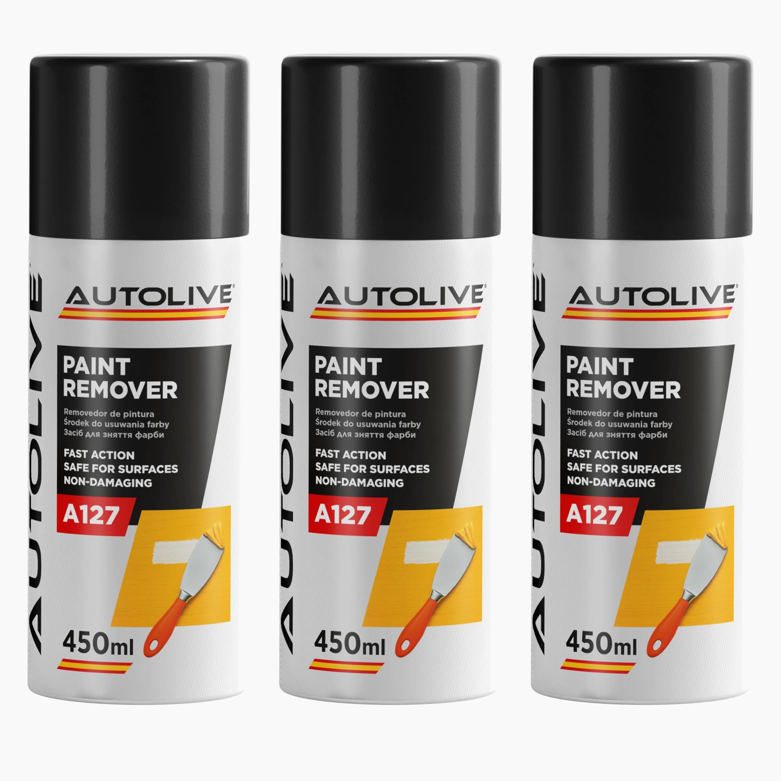AUTOLIVE Eliminador de Pintura Profesional Spray Pack de 3 x 450 ml – Acción Rápida, Seguro para Superficies y No Dañino – Elimina Pintura, Laca, Goma de Mascar y Suciedad Difícil