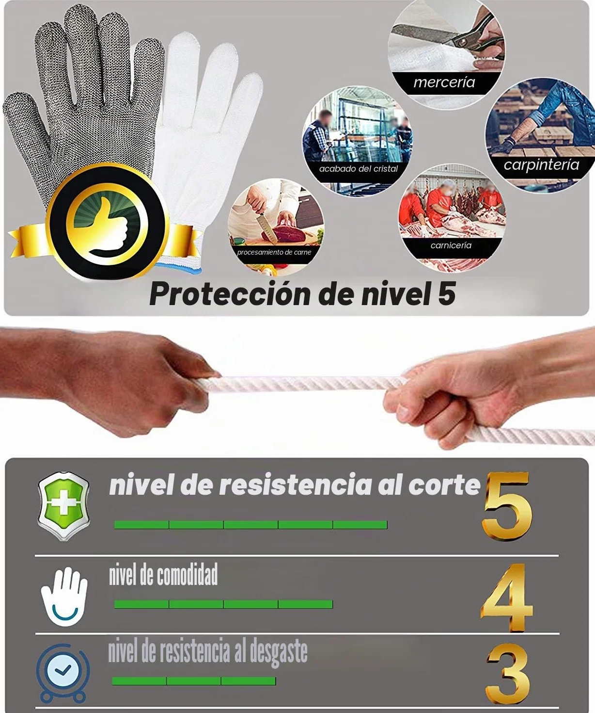 Guante seguridad malla acero inoxidable anticortes nivel 5 protección talle L azul