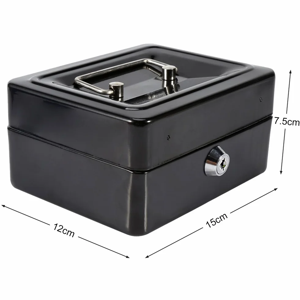Caja impermeable ignífuga con cerradura de llave, mini caja fuerte portátil de acero Petty, negra