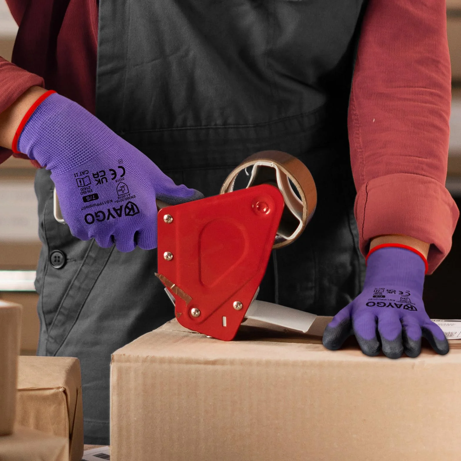 KAYGO 12 pares de guantes de trabajo para hombres y mujeres, guantes de protección recubiertos de PU, agarre antideslizante en palmas y dedos, adecuados para trabajos generales (Morado, S, talla 7)
