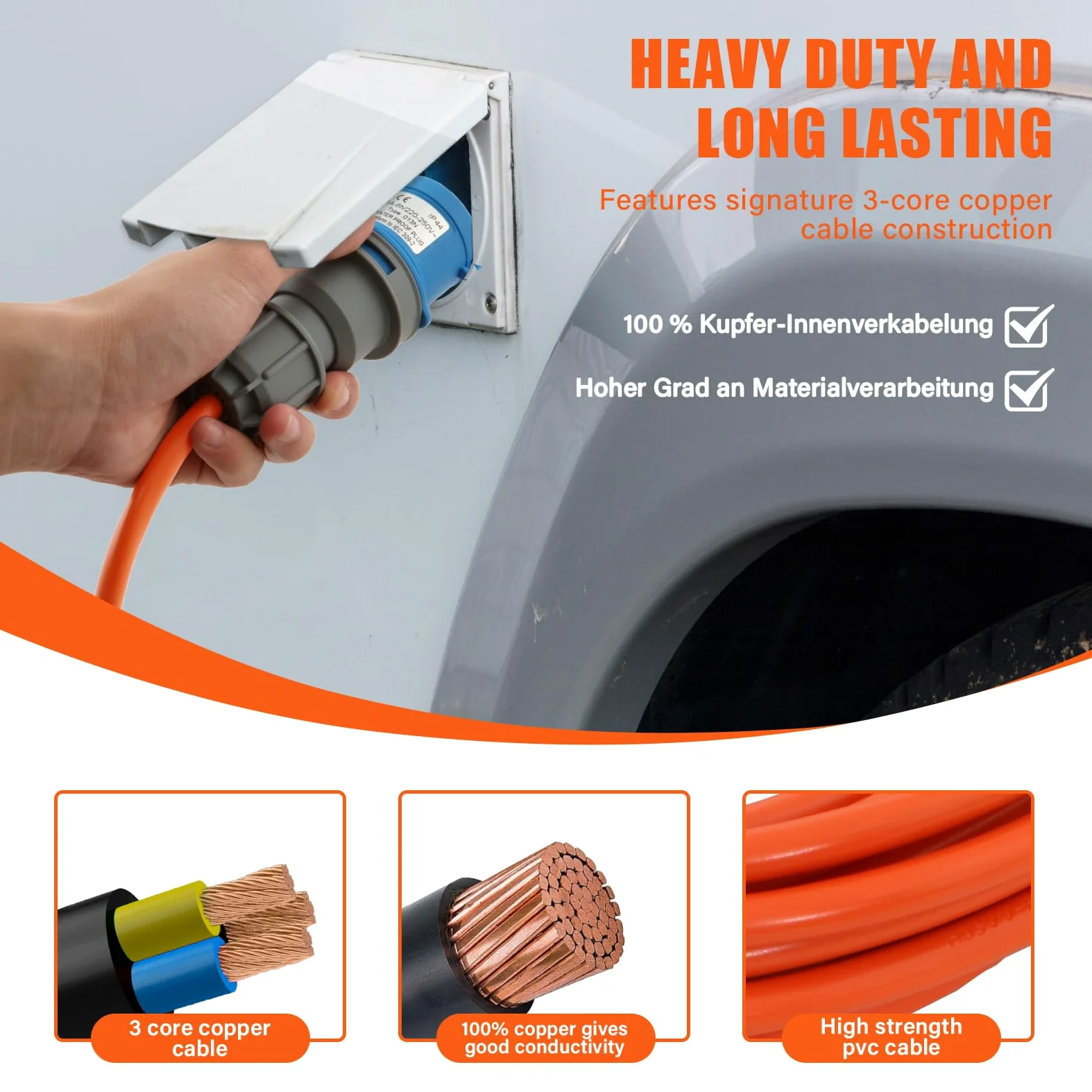 5m Cable Adaptador para Camping, Cable de extensión Industrial CEE 240V 3G2,5mm² en Color Naranja de señalización | IP44 Apto para Exteriores, Conector CEE 16A con para Camping & caravanas
