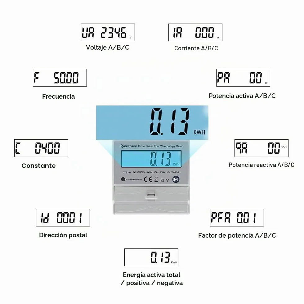 KETOTEK Contador Trifásico Carril DIN Vatímetro Bidireccional 3x230V/400V 50/60Hz DTS331 Medida kWh