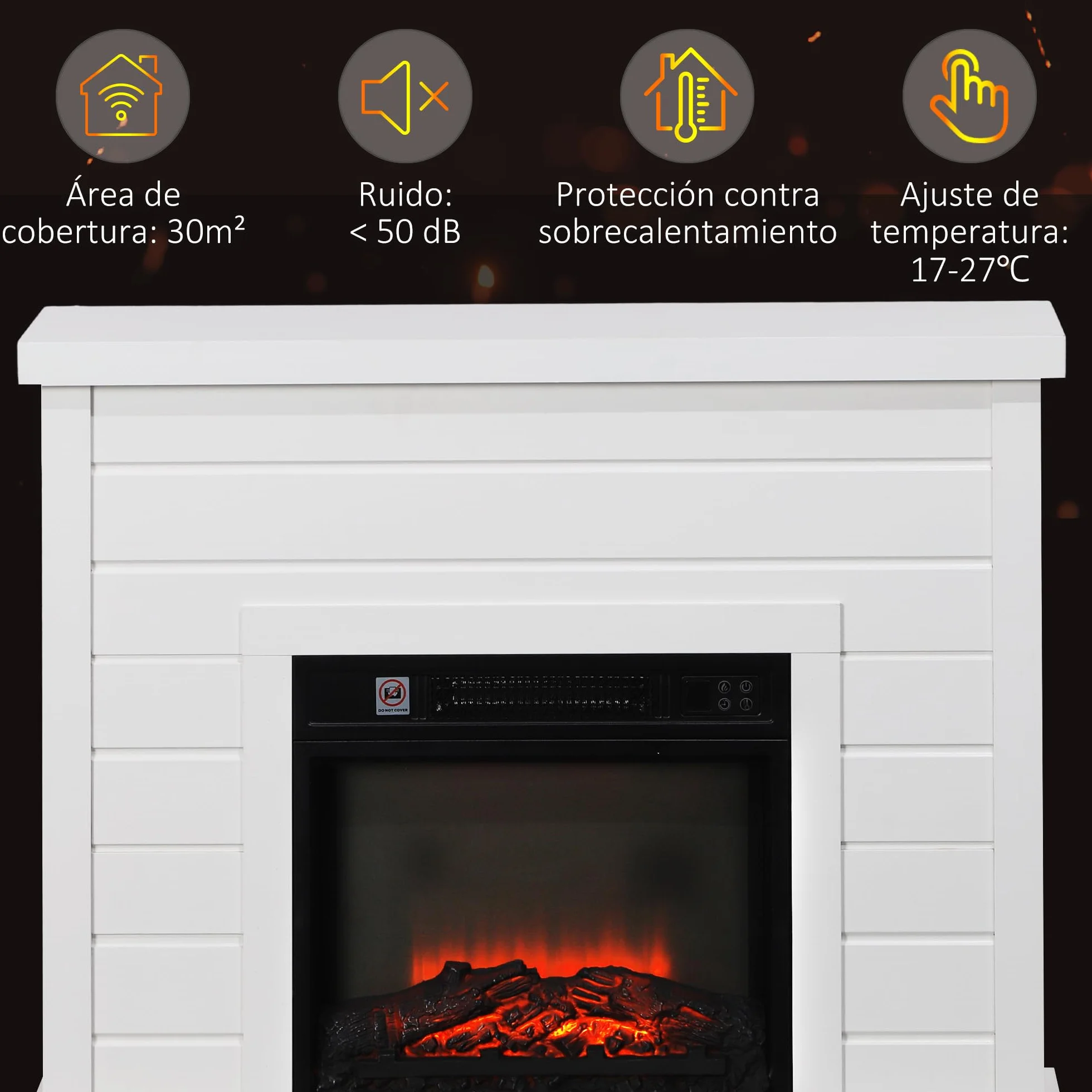HOMCOM Chimenea Eléctrica, Chimenea Decorativa con Efecto de Llama, Calefacción 1800 W, Control Remoto, Temporizador Semanal, Protección contra Sobrecalentamiento, Blanco