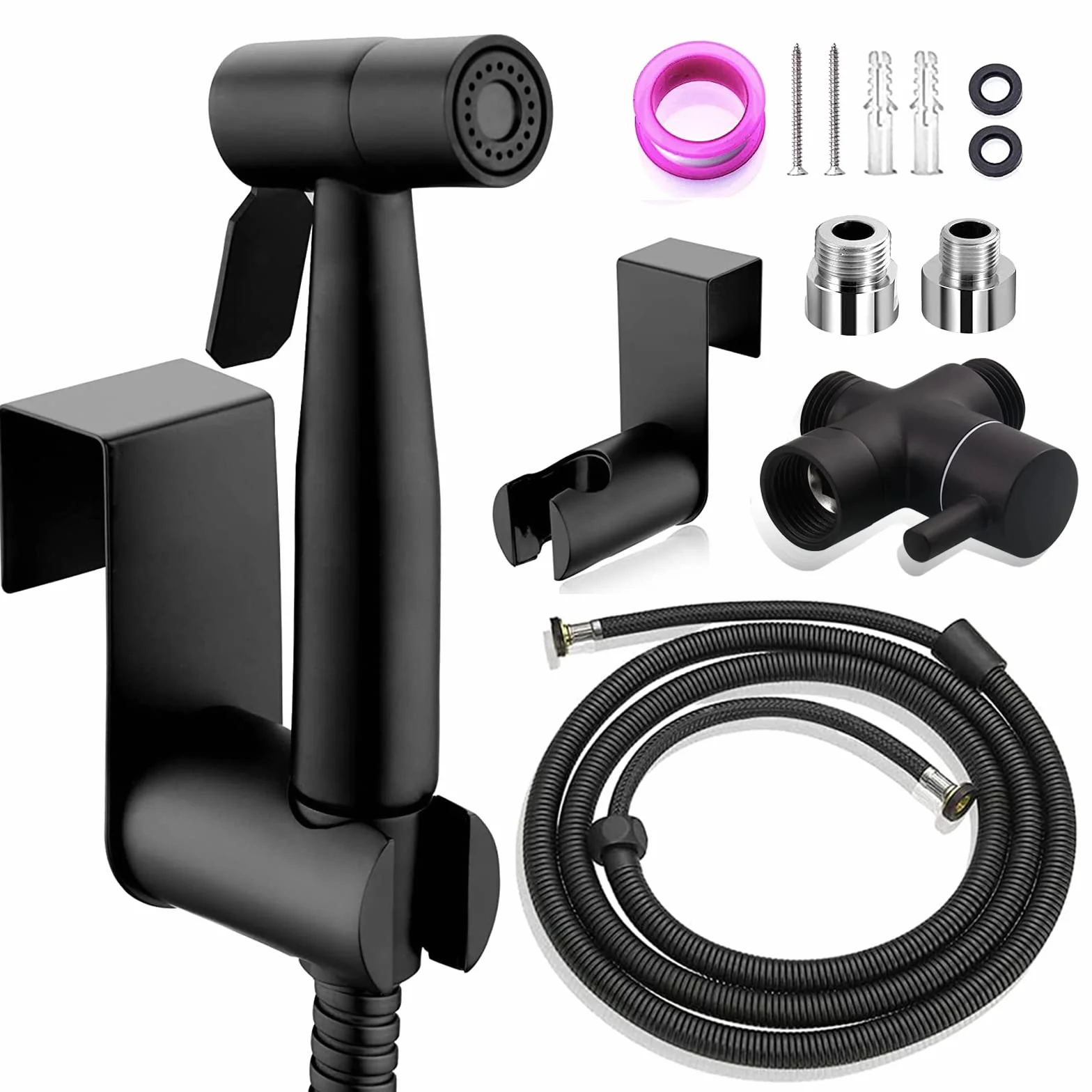 Kit Grifo Bidet Acero Inoxidable Ducha de Lavabo, Pulverizador Bidet Inodoro de Mano con Manguera WC, Soporte Grifo de Bidet para Limpieza de Inodoros, Limpieza de Mascotas (Negro)