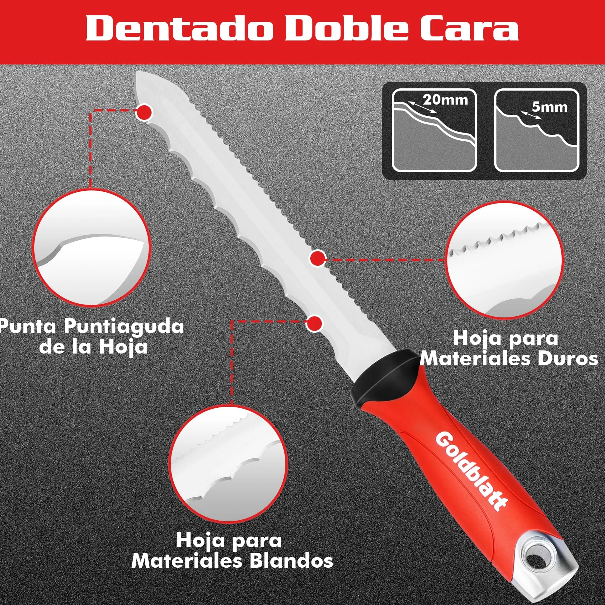 Goldblatt Cuchillo para Aislamiento, Hoja de Acero Inoxidable de 20 cm, Cuchillo de Aislamiento de Doble Cara, para Cortar Materiales Aislantes como Lana Mineral, Lana de Vidrio y Lana de Roca