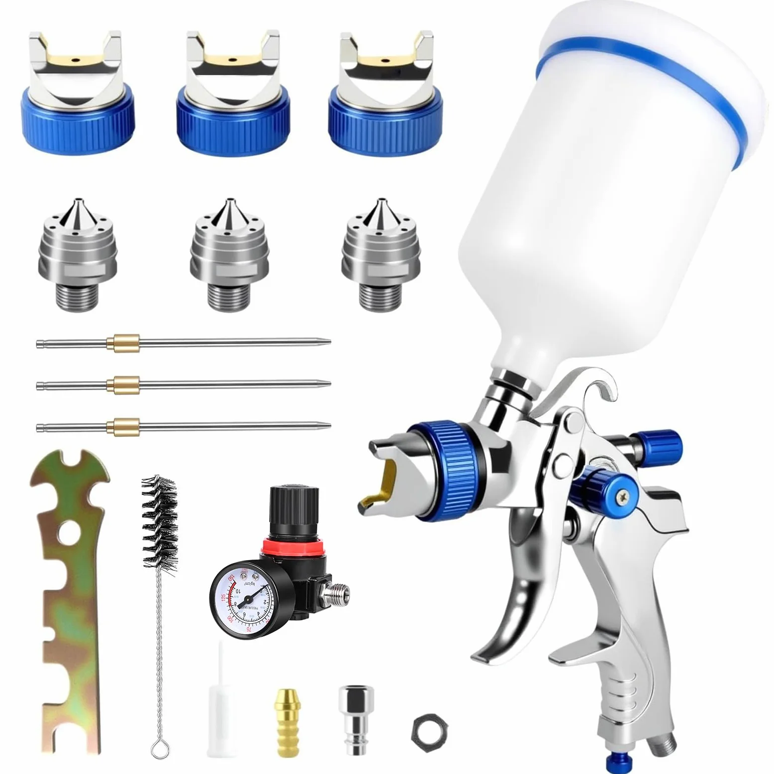 HVLP - Pistola pulverizadora con 3 boquillas (1,4/1,7/2,0 mm) – Pistola de pintura profesional de aire comprimido con vaso de plástico de 600 ml, presión de aire ajustable y flujo, acero