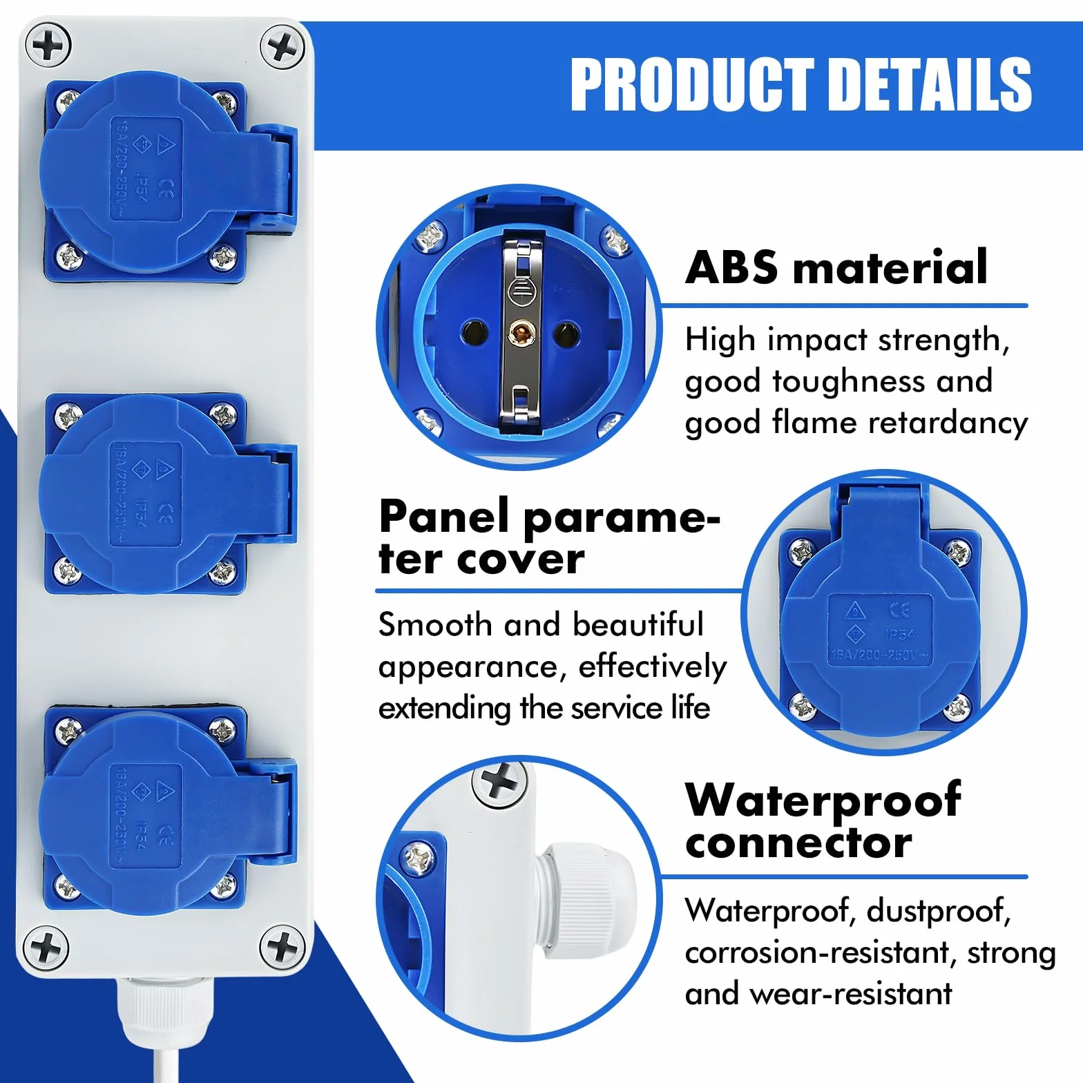 Distribuidor de corriente mural con Enchufe schuko 3 x 220V 16A Cuadro electrico Distribución de corriente para edificios Índice de protección IP54 apto para interiores y exteriores
