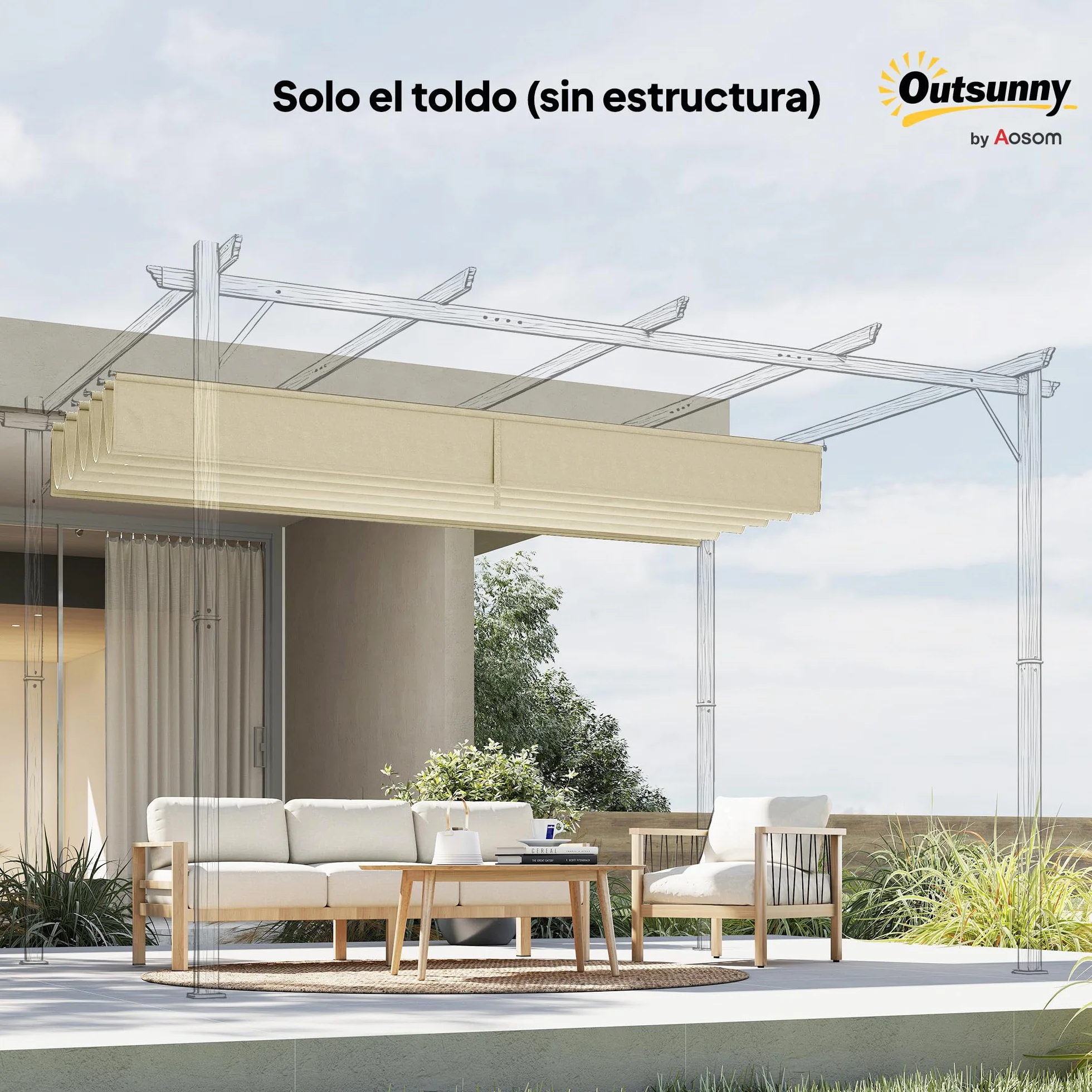 Outsunny Techo de Pérgola 3,5x2,6 m, Repuesto Retráctil UV30+, Toldo Jardín Crema