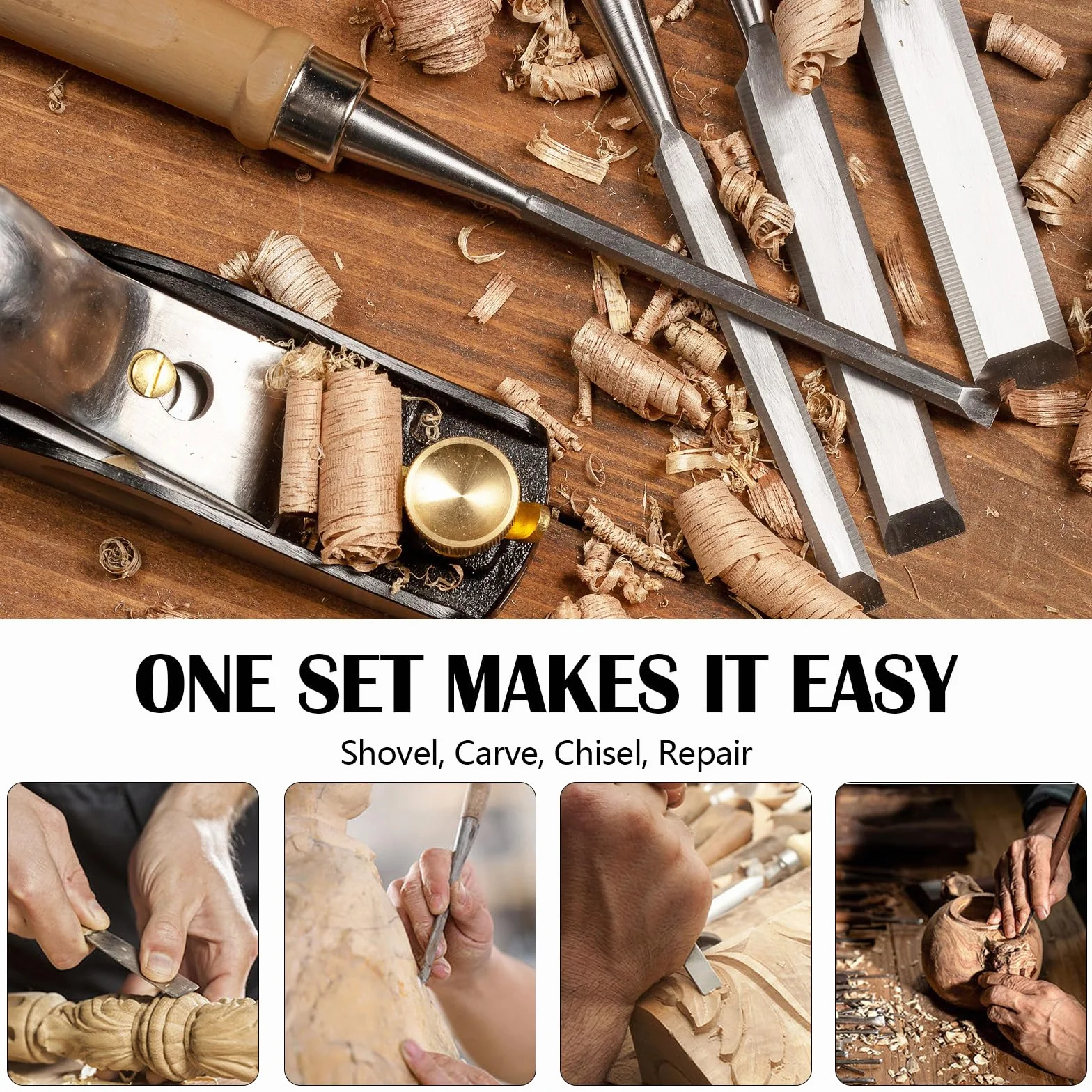 Juego De 8 Cinceles Para Madera, Cincel Manual Para Tallar Madera Con Piedra De Amolar Y Guía