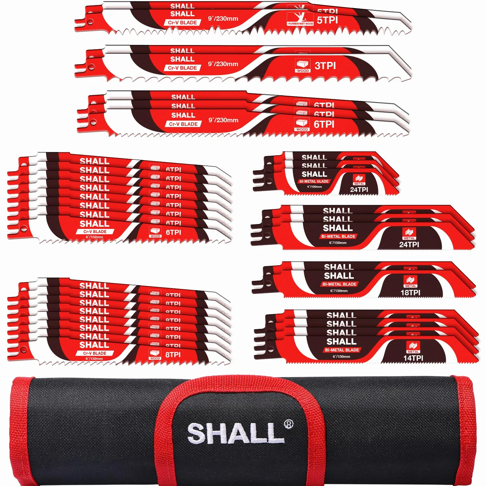 SHALL Hojas de sierra de sable (34 piezas), repuesto de acero de carburo para poda de árboles, para madera, metal y plástico, con bolsa de almacenamiento