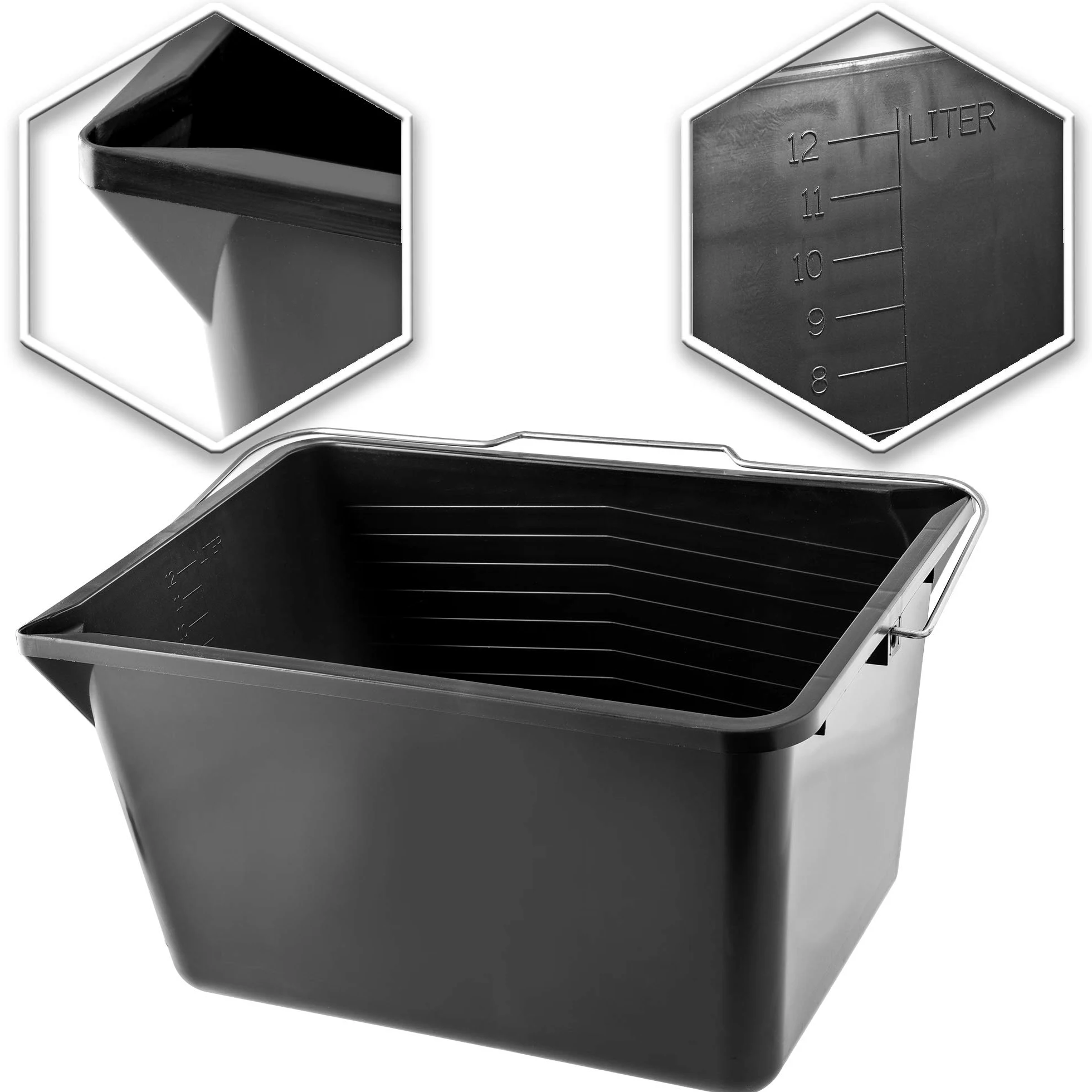 KADAX Cubo de pintura cuadrado de plástico, cubo con asa de metal, cubo de agua resistente con borde de vertido, para renovación, jardín, cubo de limpieza, rectangular, 1 unidad), color negro