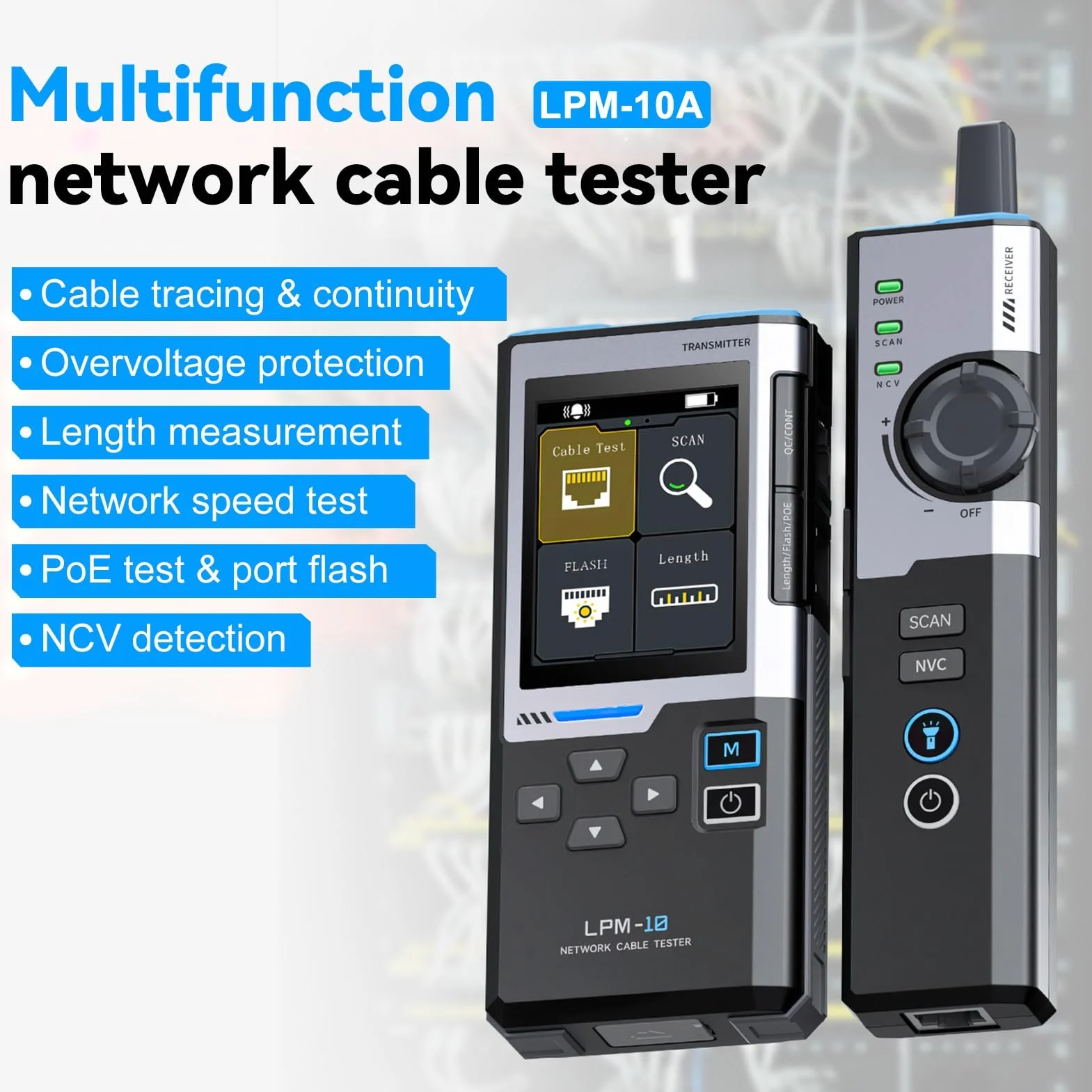 LPM-10 Probador de Cables de Red RJ45 RJ11, Comprobador Ethernet con Prueba PoE, NCV, Test de Velocidad y Longitud
