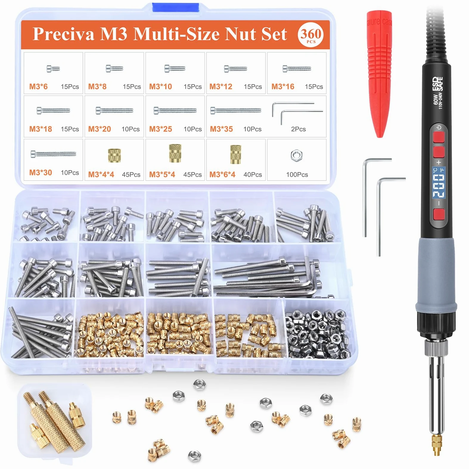 Inserto Roscado M3, Juego de Tornillos Roscados Preciva, Kit de Soldadura (200~500℃), 360 Piezas de Inserto Roscado Metálico M3 con Tornillos y Pernos Surtidos, Accesorios Compatibles con Impresoras