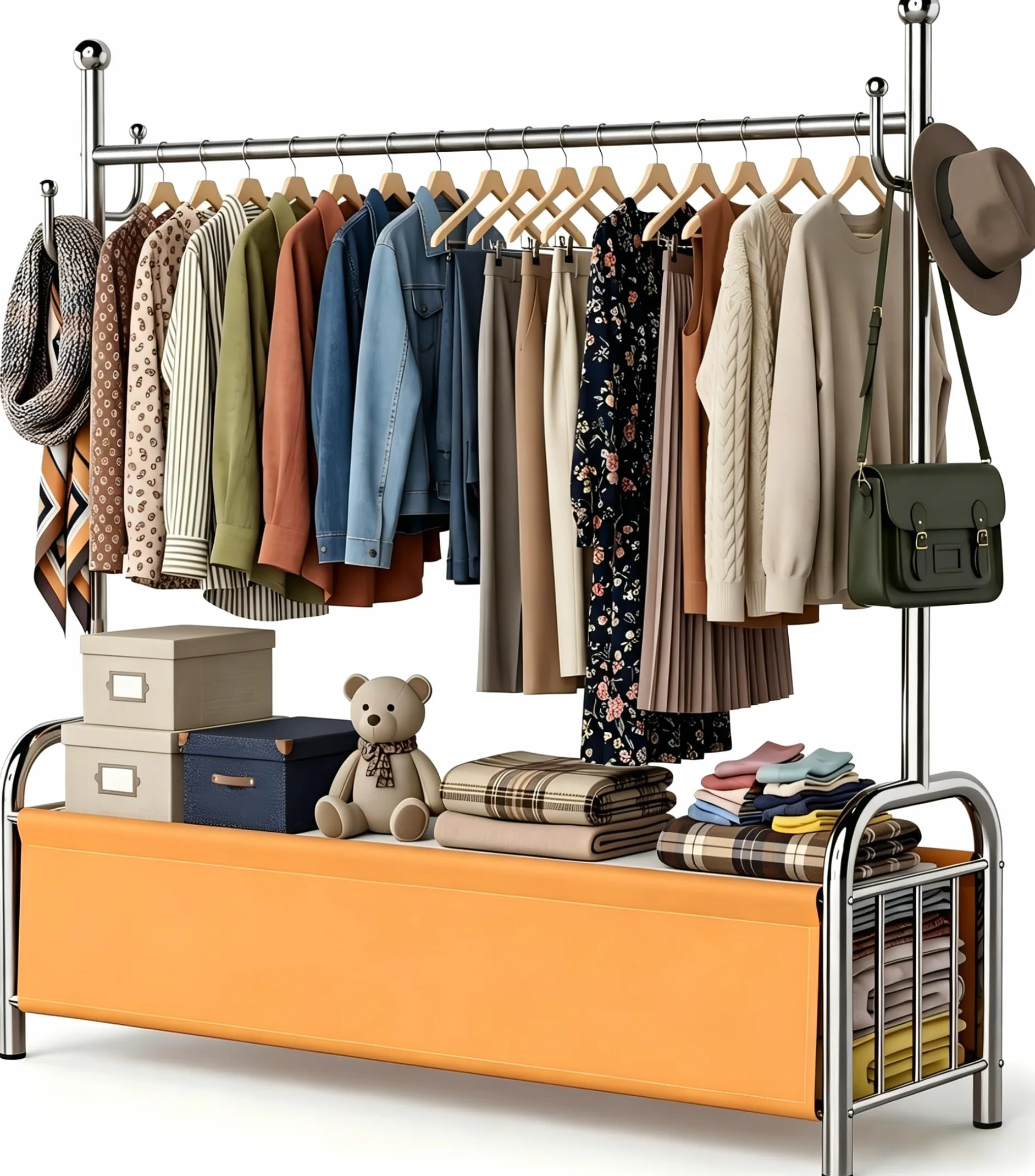 Burro Ropa Acero Inoxidable con Cesta Almacenaje, Perchero Estable Pie, 3 en 1 Tendedero Organizador