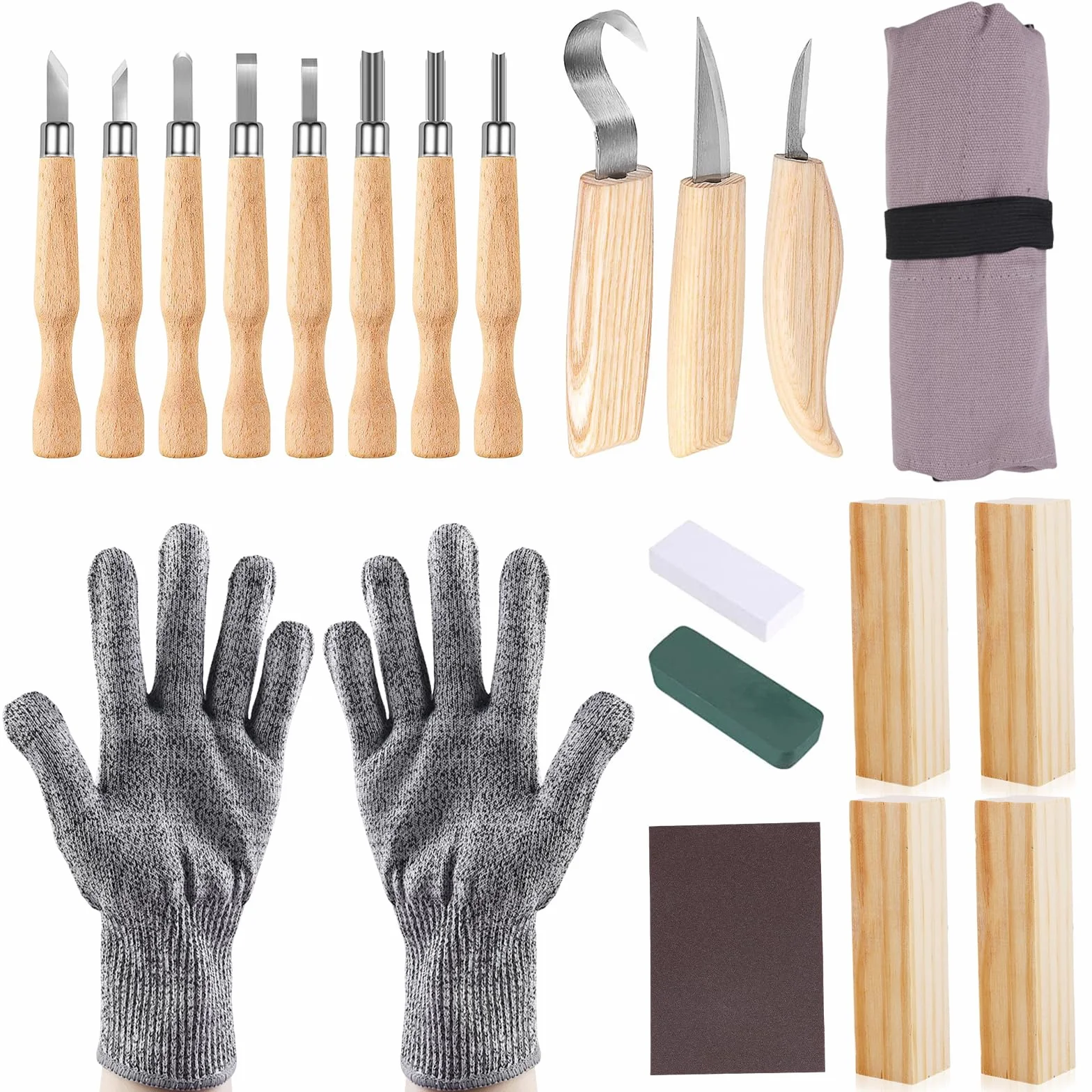 HOSPAOP Juego de 21 herramientas para tallar madera, juego de tallado de madera para adultos y niños, juego de tallado con piedra de afilar y guantes resistentes a los cortes