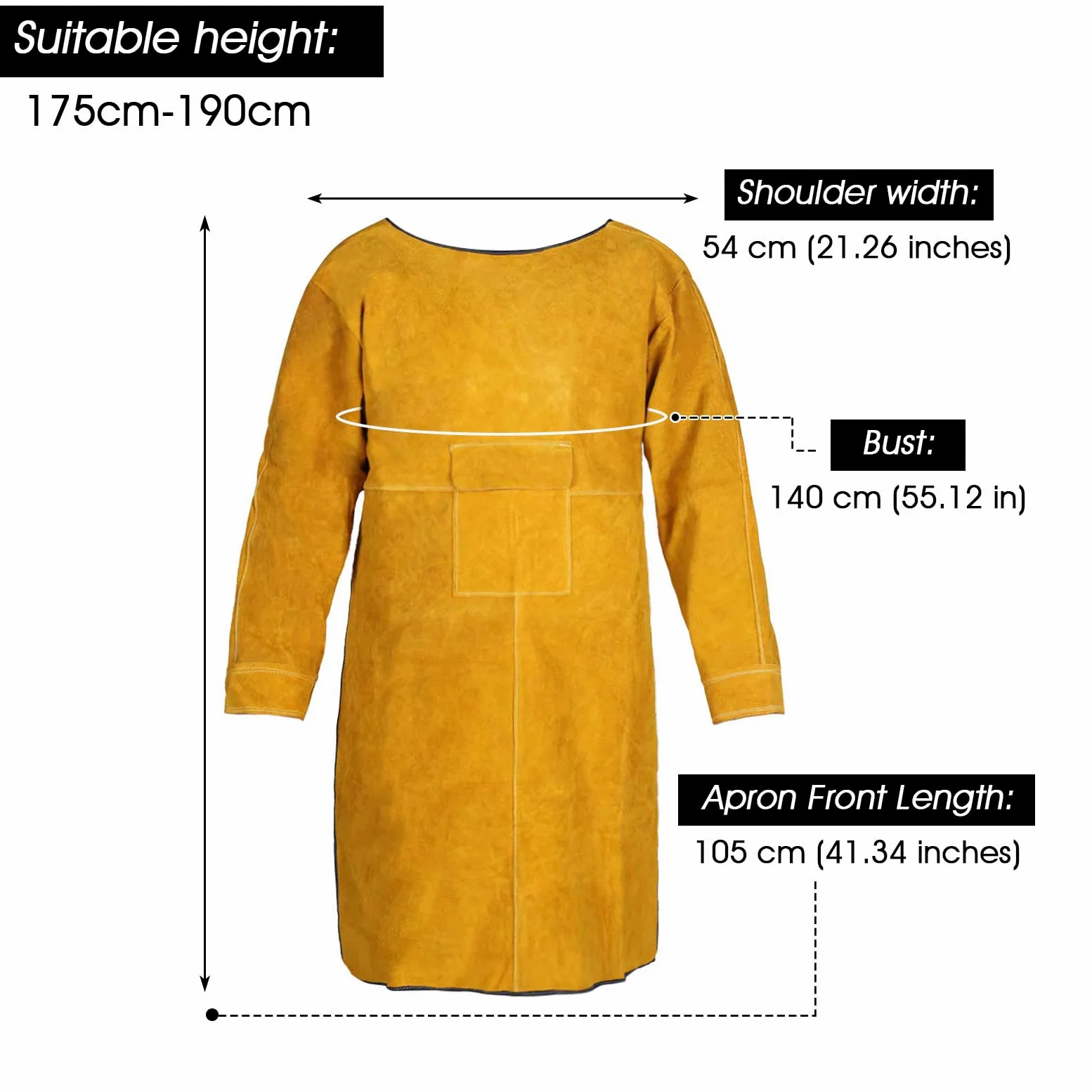 ENJOHOS Delantal de soldadura integrado para soldadura Esparcidor de fuego de cuero Delantal accesorio de soldadura por salpicadura antitermal Soporte de herramienta de fuego amarillo 105 cm