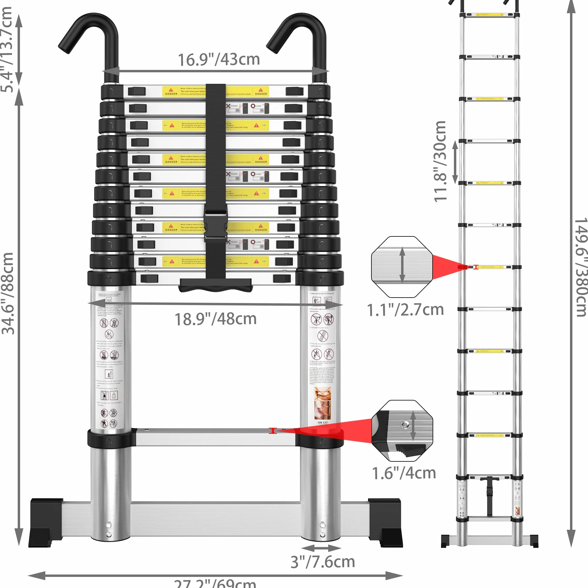 gymount Escaleras Plegables Aluminio, 3,8m Escalera Telescópica, Escalera Plegable Portátil, con Barra Estabilizadora y Ganchos Extraíbles Adecuado para Mantenimiento del hogar, Camping, Carga 150 KG