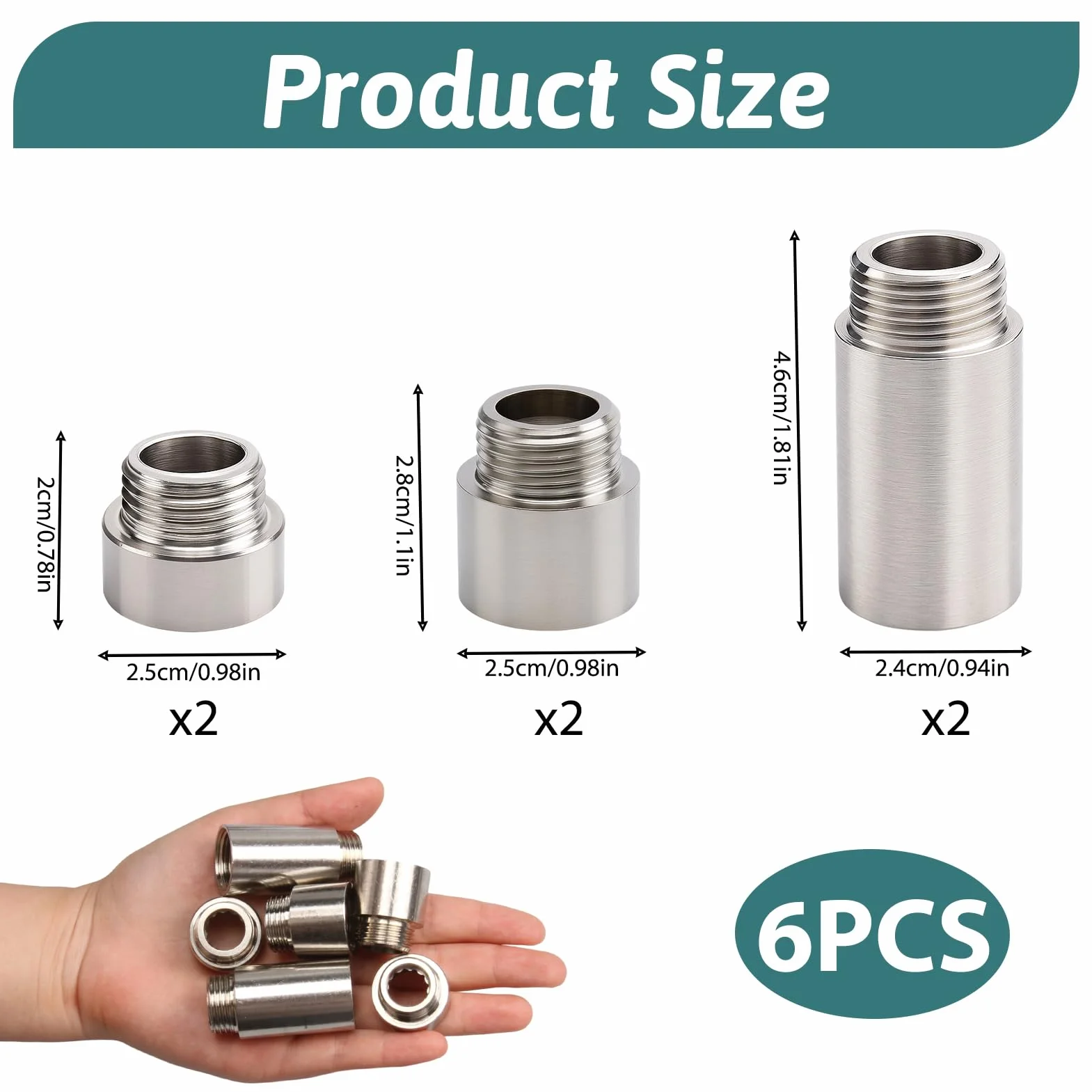6 Piezas de Extensión de Grifo de 1/2 Pulgada, Extensión de Grifo Interior y Exterior con Rosca Estándar, Utilizable como Extensión de Boquilla de Ducha, Conexión de Tubo Alargador de Acero Inoxidable