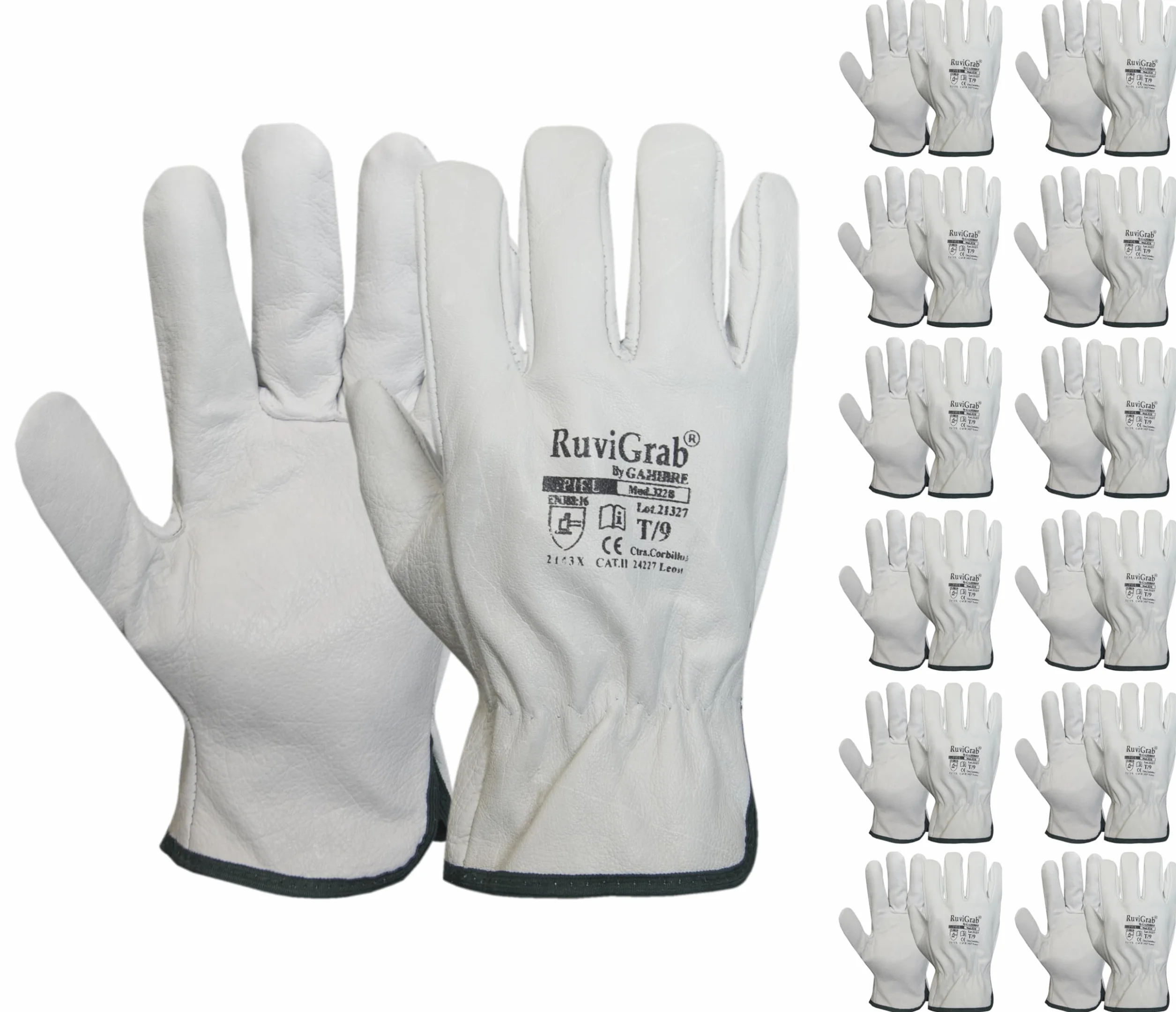 Guantes de Trabajo Piel Ruvigrab Pack 12 Pares Cuero para Obra Jardín Hombre Mujer