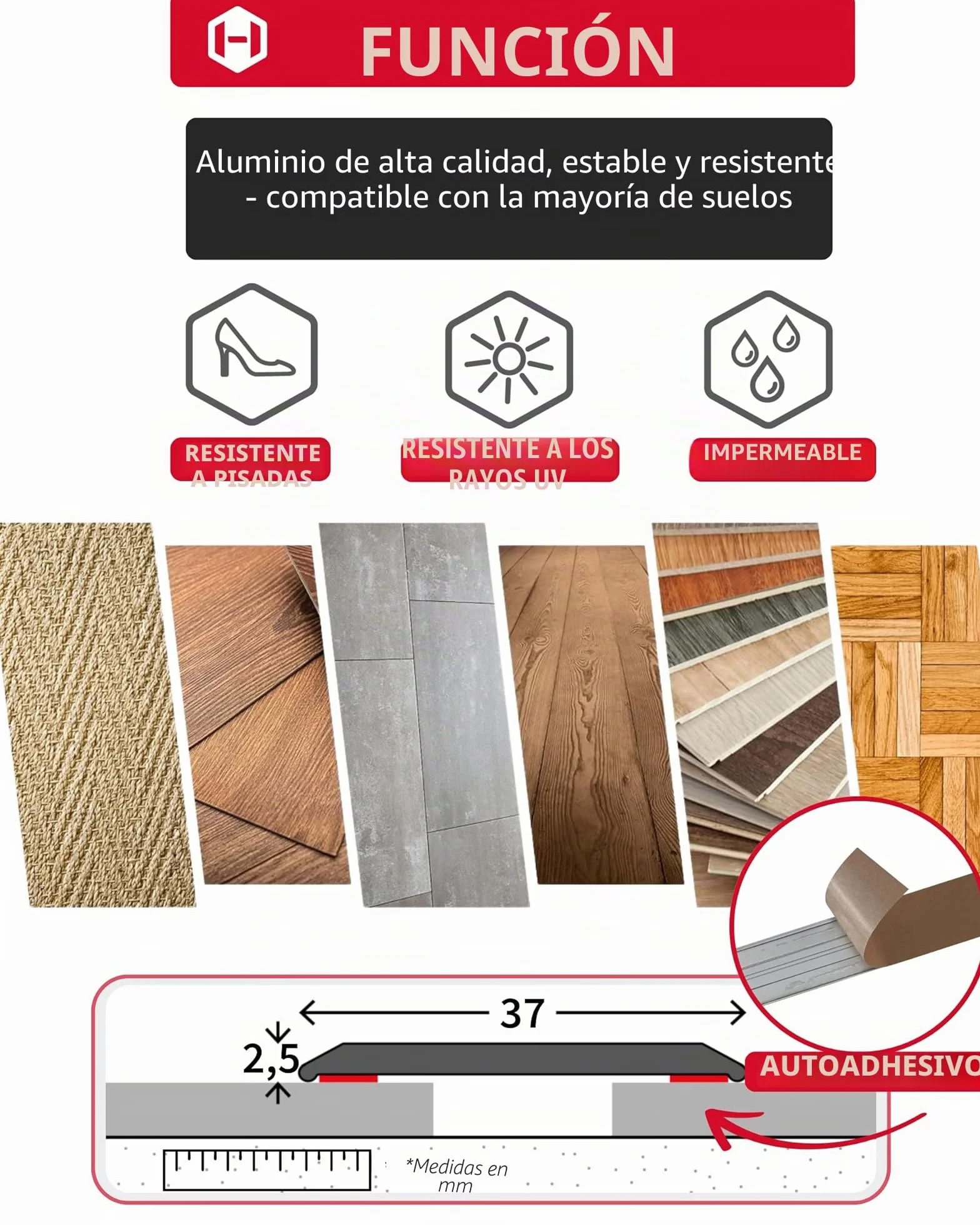 Gedotec Perfil de transicion autoadhesivo Plata 2000 mm alu - Longitud 2 m anchura 37 mm - aluminio anodizado - Made in Germany - sin taladrar - listón umbral