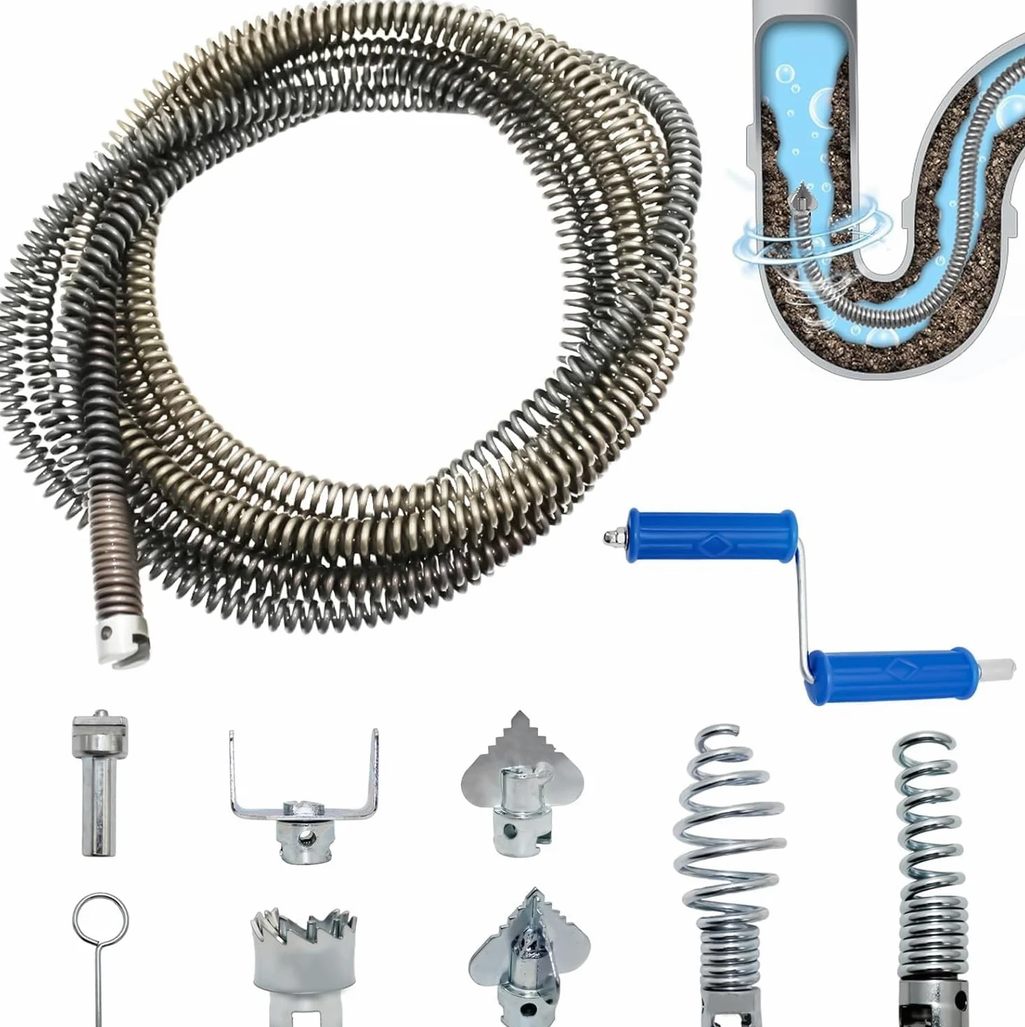 Desatascador Manual de Tuberías 5M, Desatascador Fregadero con 8 Accesorios, Diámetro 12mm - Espiral de Limpieza para Baño, Cocina, Ducha y WC
