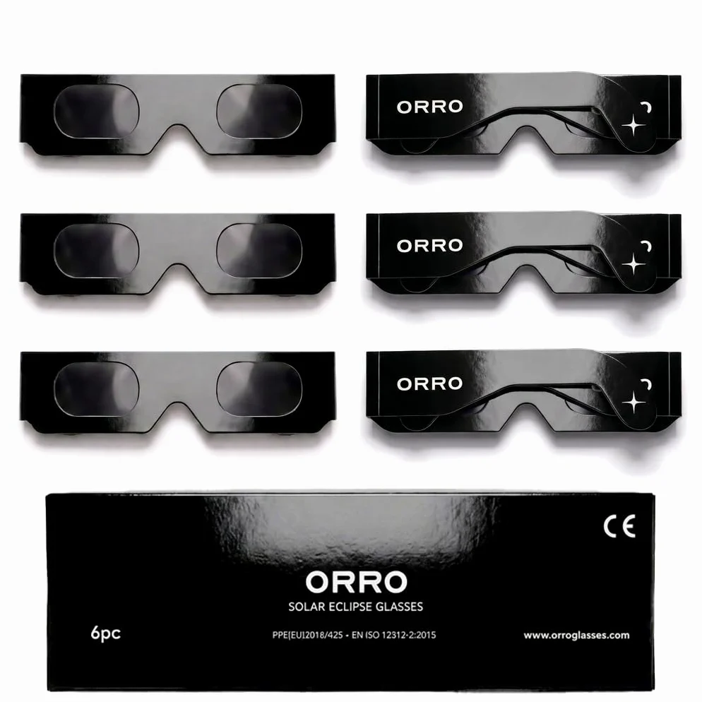 ORRO Gafas para Eclipse Solar de 40 mm, Pack de 2/6/12, Protección Ocular Certificada, Ensayadas según EN ISO 12312-2:2015, Marcado CE para Observación Directa del Sol - Ajuste Moderno