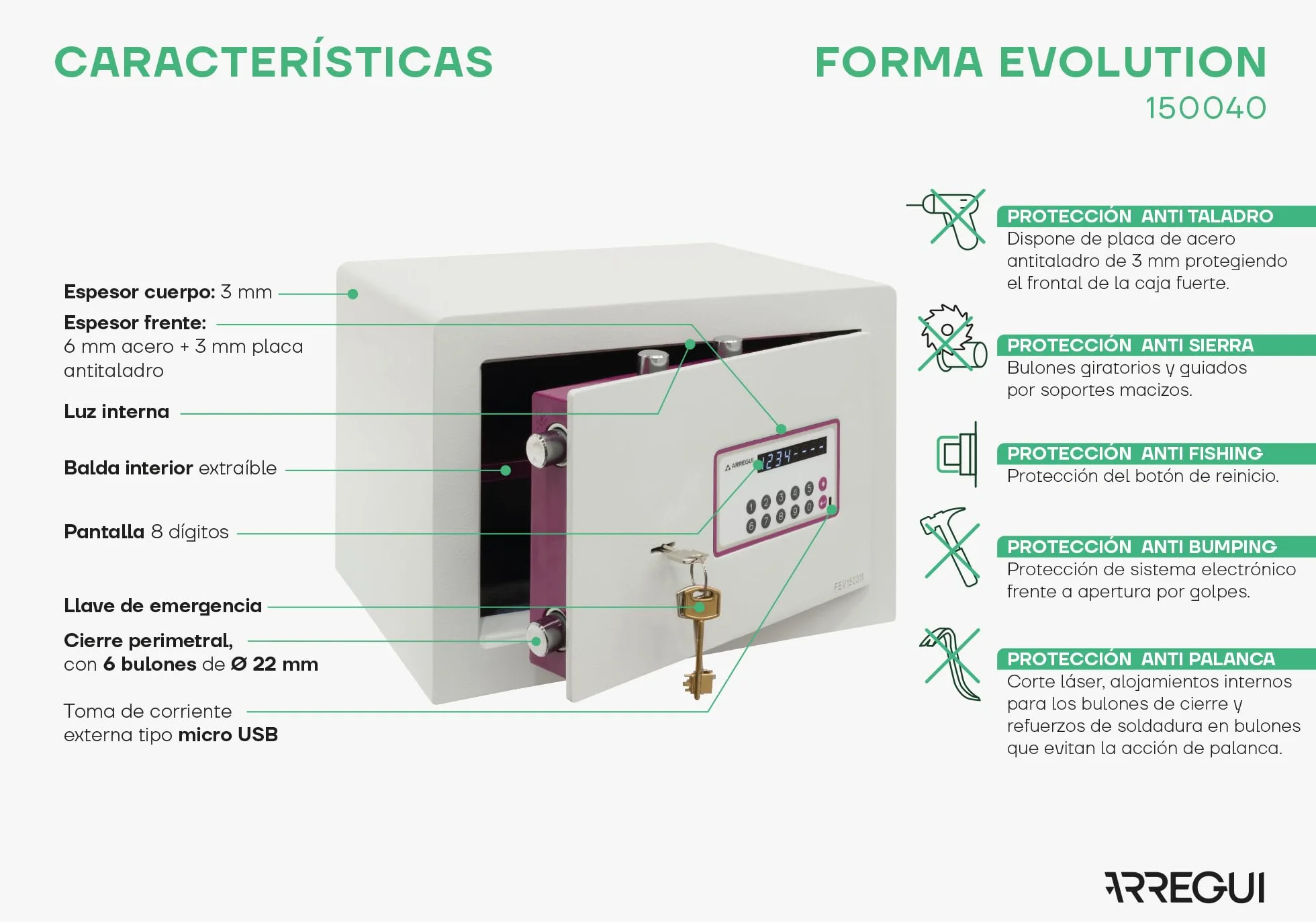 ARREGUI Forma Evolution 150040 Caja fuerte con llave y codigo, facil de usar | Caja de seguridad, apertura con teclado y llave | Caja fuerte electronica para casa, doble seguridad | 27x38,5x30cm | 25L
