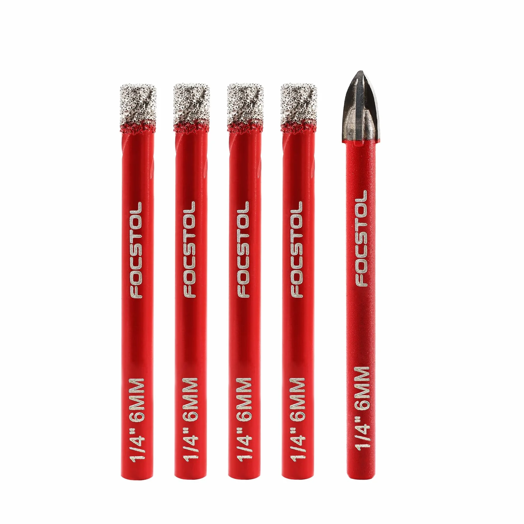 FOCSTOL Juego Brocas Diamante Seco - 4 piezas 6/6/6/6mm Broca Corona+1 pieza 6mm Taladro Carburo con Vástago Redondo para Gres Porcelanico Cerámica Granito Mármol Cuarzo