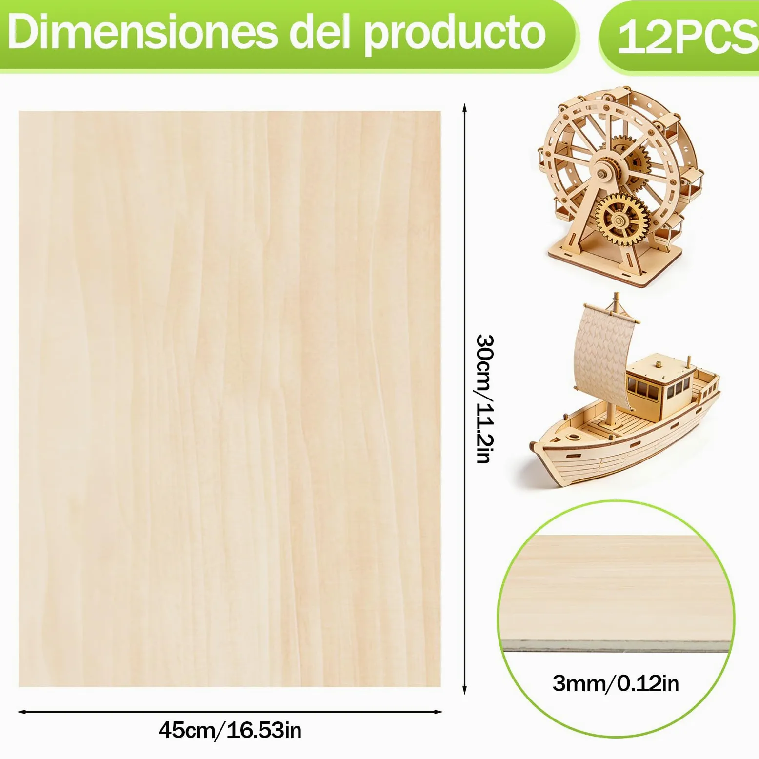 12 Piezas Lámina De Madera Contrachapada De 3 mm, Formato A3, Adecuada Para Manualidades, Carpintería, Corte Láser, Pirograbado, Modelismo, Regalos, Decoraciones Y Pintura(420 X 300 mm X 3 mm)