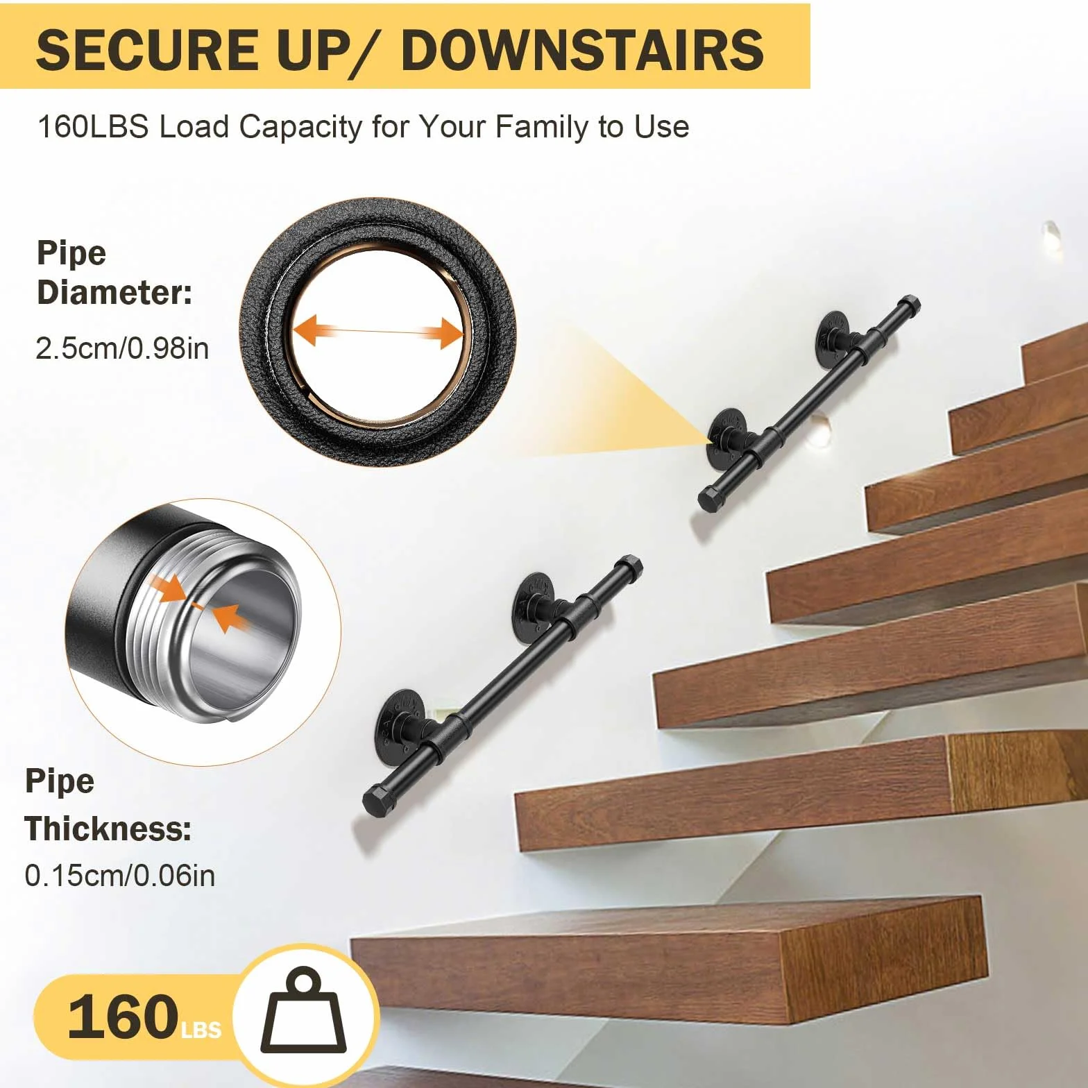 Pasamanos Escalera, 0,5M Pasamanos para Escaleras Interior Exterior, Pasamanos Negro con tubo de acero Galvanizado Industrial Antideslizante, Barandilla Escalera para Cocina Baño Jardín