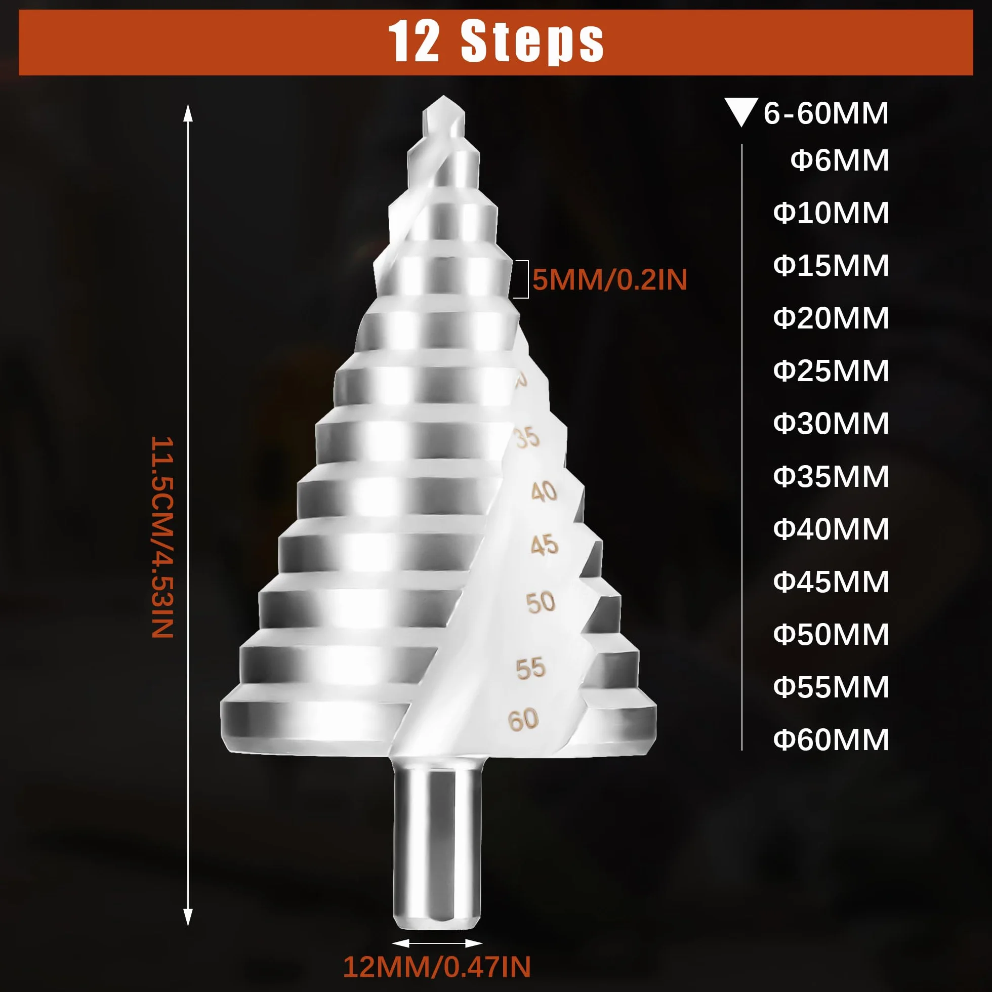 JIZZU Broca Escalonada 6mm a 60mm HSS Espiral, Triángulo Cónico Titanio Recubierto Doble Ranura para Metal, Madera y Plástico
