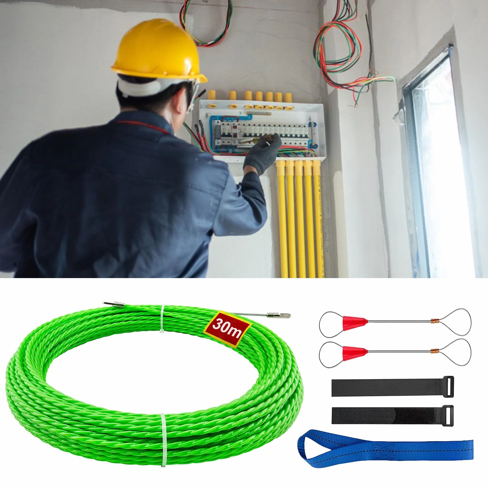 Cinta de Tracción Espiral para Cables, Ayuda para Tirar Cables con Resorte, 30 m