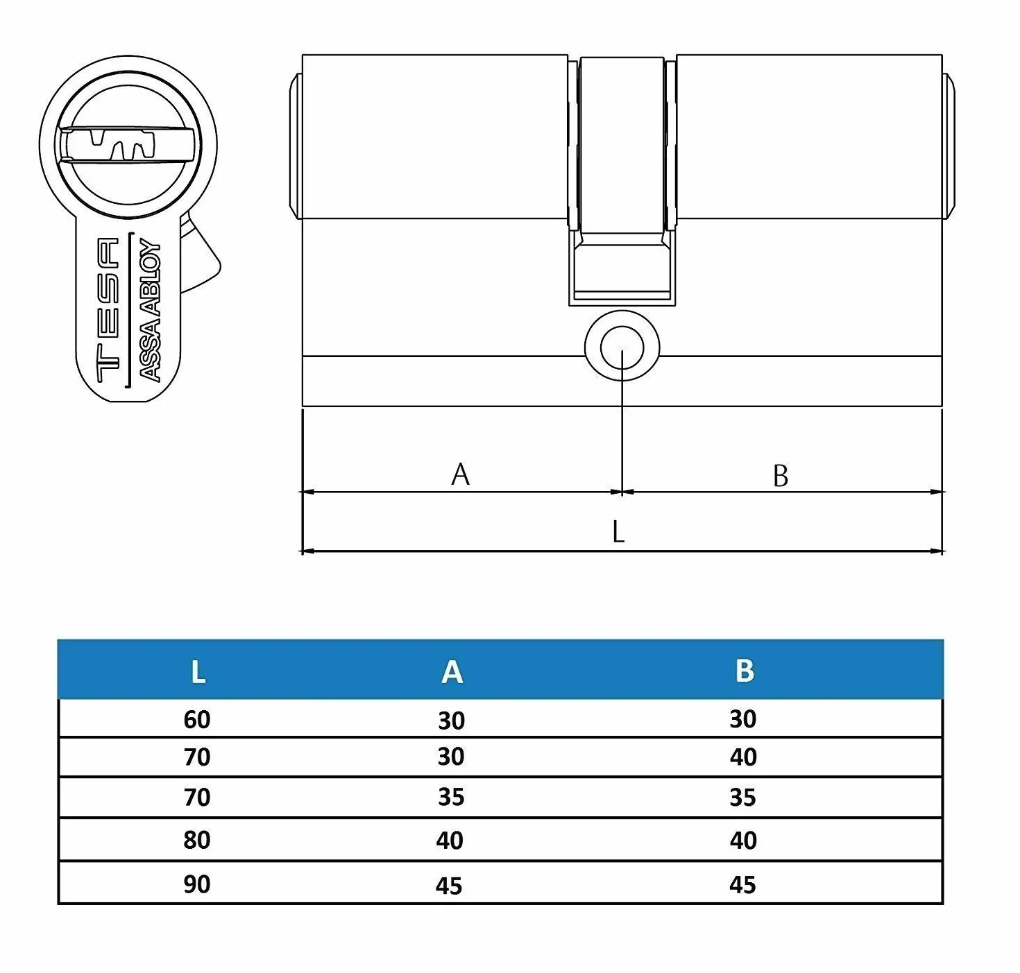 TESA T6353030N: Cilindro europeo T60, 30 x 30 mm, acabado niquelado, compatible con cerraduras de perfil europeo, uso residencial y comercial, instalación sencilla, sustitución y obra nueva
