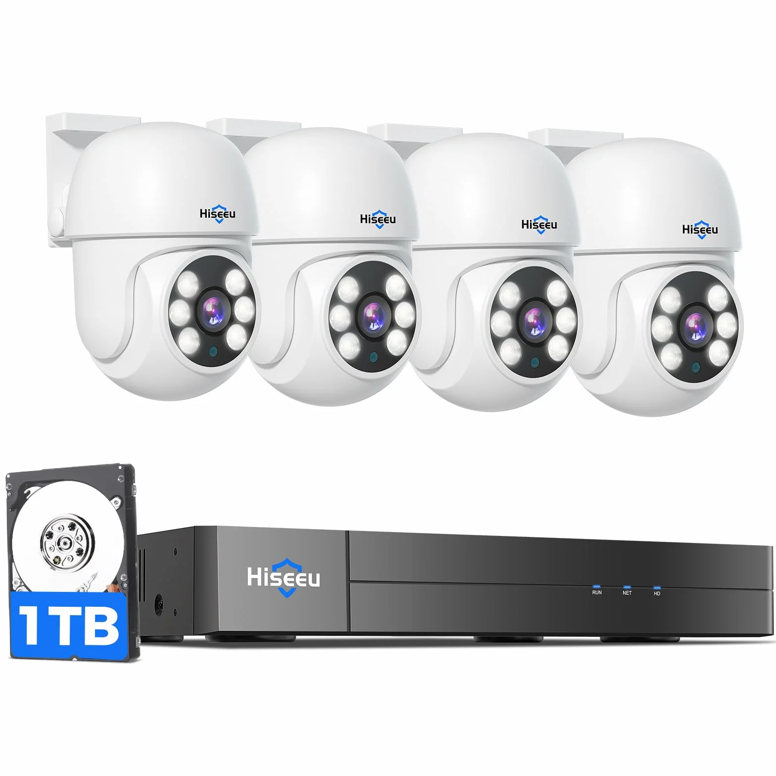 Hiseeu 5MP Kit Camara de Vigilancia WiFi Exterior, PTZ Cámara de Seguridad, 4X Camara IP y 10CH NVR,Detección y Seguimiento, Visión Nocturna en Color 1TB HDD