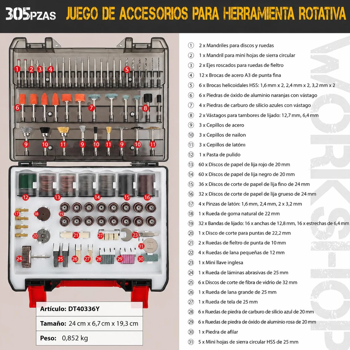Hi-Spec Set de 305 Accesorios para Herramienta Rotativa. Compatible con portabrocas de 3.2mm. Lija, corta, pule, perfora y más. En un práctico estuche portátil