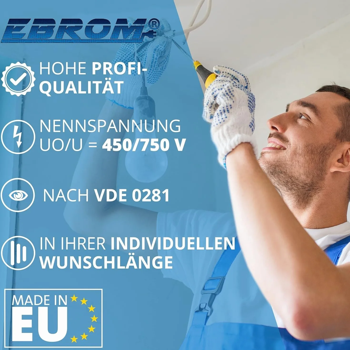 EBROM Cable de PVC Rígido H07V-U 2,5 mm² - Negro - Longitudes de 10 a 100 Metros - Seleccionada: 50 m