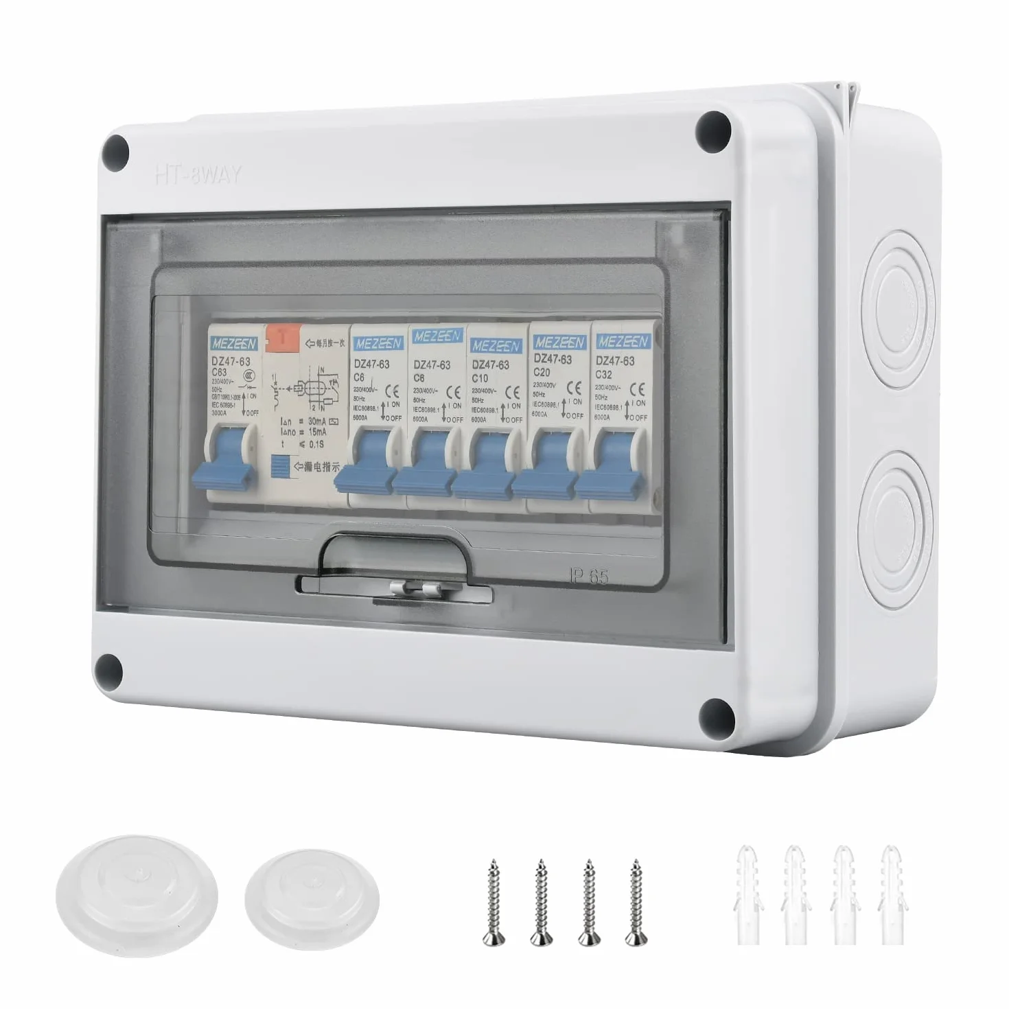 Caja Eléctrica Impermeable IP65, con Interruptor Neumático de 5 Vías 2x6A+1x10A+1x20A+1x32A, Viene con Anillos de Goma y Tornillos, 63A Exterior Cuadro Electrico, para Interior y Exterior