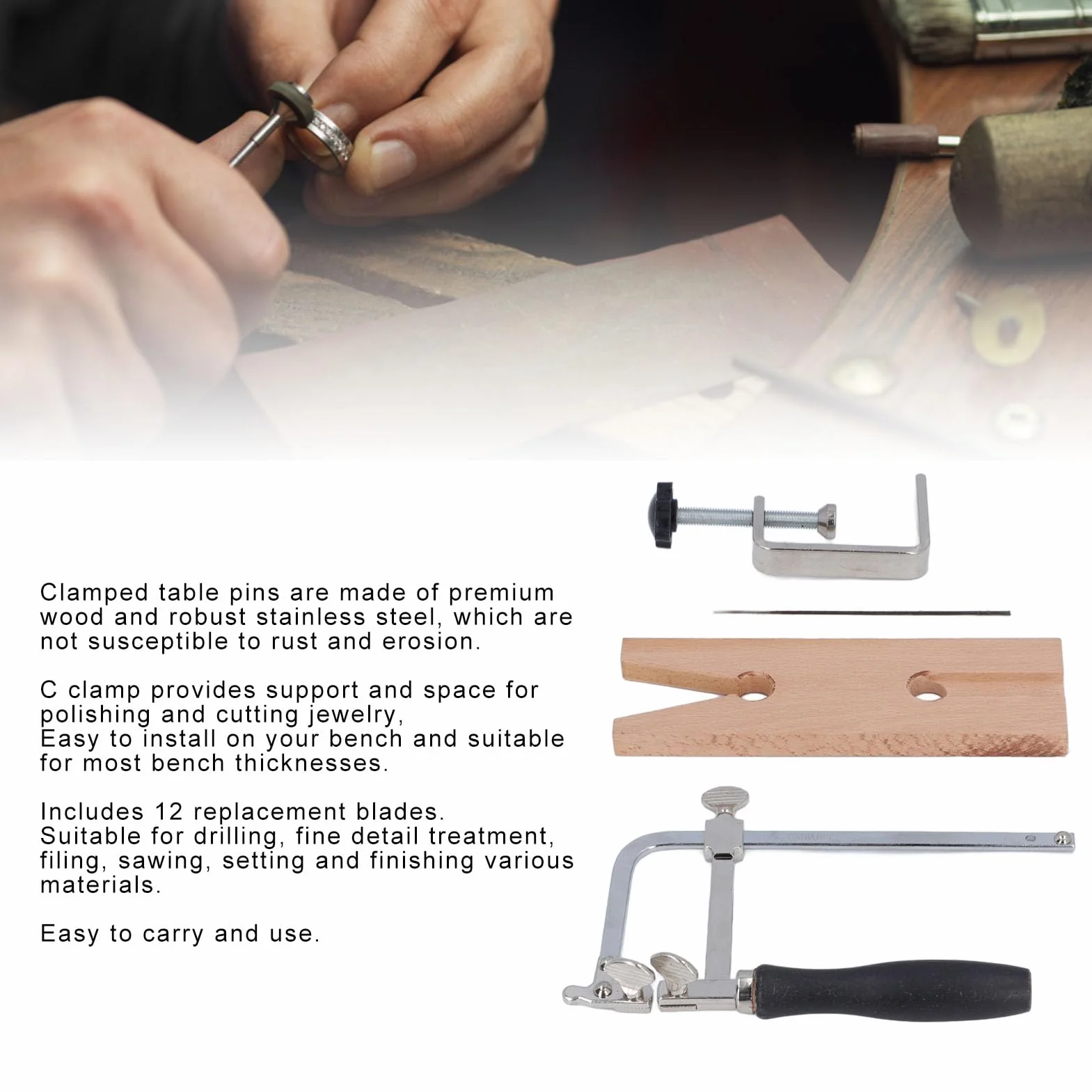 Kit de Sierra para Joyería 3 en 1 con Abrazadera VC, Abrazadera en C y 12 Cuchillas de Repuesto