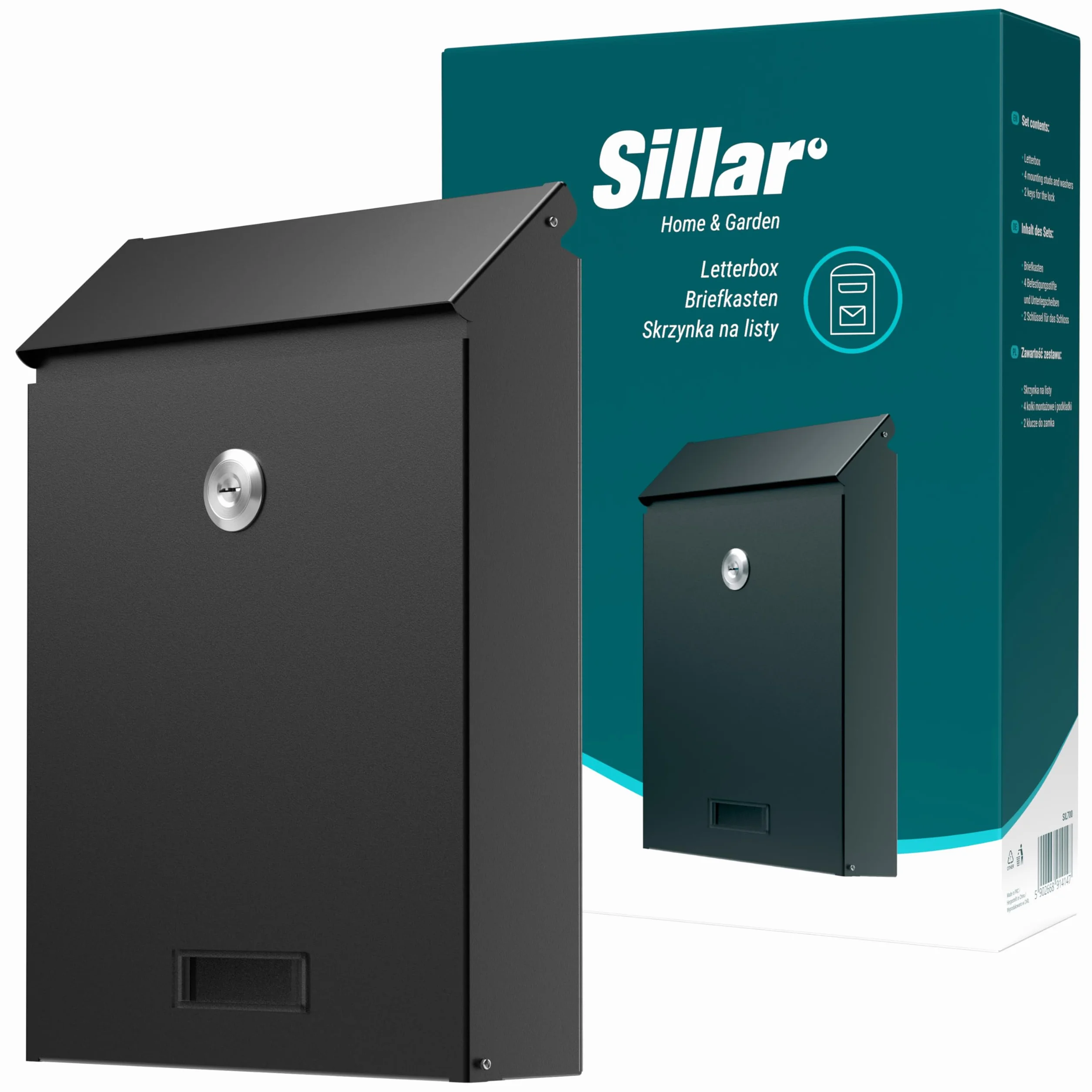 Sillar Buzón de Pared, con Cerradura, Placa para Nombre | De Acero galvanizado, Resistente a Las inclemencias del Tiempo y UV | 26 × 18,3 × 5,2 cm, Negro | 2 Llaves Incluidas | Formato C5
